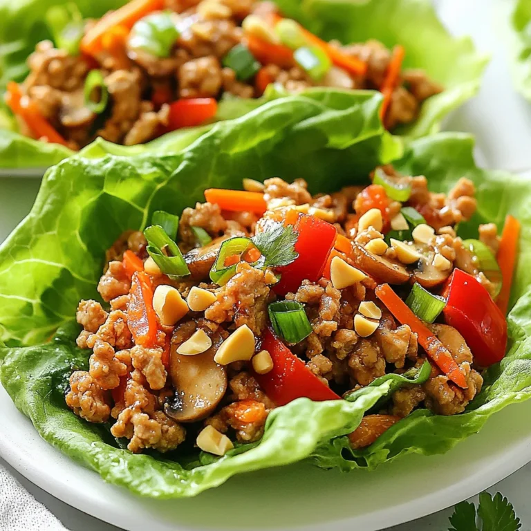 For this tasty dish, you need the following main ingredients: - 1 lb ground chicken - 1 tablespoon sesame oil - 3 garlic cloves, minced - 1 inch ginger, grated - 1 red bell pepper, finely diced - 1 cup mushrooms, finely chopped - 1 carrot, shredded - ¼ cup soy sauce (or tamari for gluten-free) - 1 tablespoon rice vinegar - 1 tablespoon honey or agave syrup - 2 teaspoons sriracha (adjust to taste) - 1 tablespoon cornstarch mixed with 2 tablespoons water - 12 large lettuce leaves (butter or romaine) These ingredients come together to create a flavorful filling. The ground chicken offers protein, while the veggies add crunch and color. You can enhance your wraps with optional garnishes: - Chopped green onions - Crushed peanuts These toppings add texture and flavor. They give your wraps a nice crunch and freshness. If you have special dietary needs, you can make some swaps: - Use ground turkey or tofu instead of chicken for a different protein. - Switch soy sauce for coconut aminos to avoid gluten. - Replace honey with maple syrup for a vegan option. These substitutions keep the dish tasty while catering to your needs. Enjoy experimenting with flavors that suit your taste! {{ingredient_image_1}} First, gather all the ingredients. You will need: - 1 lb ground chicken - 1 tablespoon sesame oil - 3 garlic cloves, minced - 1 inch ginger, grated - 1 red bell pepper, finely diced - 1 cup mushrooms, finely chopped - 1 carrot, shredded - ¼ cup soy sauce (or tamari for gluten-free) - 1 tablespoon rice vinegar - 1 tablespoon honey or agave syrup - 2 teaspoons sriracha (adjust to taste) - 1 tablespoon cornstarch mixed with 2 tablespoons water - 12 large lettuce leaves (butter or romaine) - Chopped green onions and crushed peanuts for garnish Make sure your workspace is clean and organized. This helps you cook faster and easier. Heat a large skillet over medium-high heat. Pour in the sesame oil. Add minced garlic and grated ginger. Sauté for about 30 seconds. You want them fragrant, not browned. Next, raise the heat to high. Add the ground chicken to the skillet. Cook it until it’s brown. Break it apart with a spatula as it cooks. Once the chicken is cooked, toss in the diced red bell pepper, chopped mushrooms, and shredded carrot. Stir-fry for 3 to 4 minutes. The veggies should be tender but still bright. In a small bowl, mix the soy sauce, rice vinegar, honey, and sriracha. Pour this mixture into the skillet. Stir well to combine the flavors. Add the cornstarch-water mix to the skillet. Stir constantly for about 2 to 3 minutes. The sauce will thicken nicely. Remove the skillet from heat and let it cool for a few minutes. To serve, take a large lettuce leaf. Spoon the chicken mixture onto the leaf. Garnish it with chopped green onions and crushed peanuts. Enjoy these wraps right away for a fresh, light meal. They are perfect for lunch or dinner! To get the best flavor, use fresh ingredients. Fresh garlic and ginger make a big difference. Sauté them in sesame oil, and enjoy the aroma. When you add ground chicken, cook it until it is fully browned. This adds depth and a nice texture. Mix in the veggies like red bell pepper and mushrooms. They should be tender but still crunchy. This keeps your dish lively and fresh. One common mistake is overcooking the chicken. If you cook it too long, it can become dry. Avoid using too much soy sauce, as it can make the dish salty. Also, don’t skip the cornstarch-water mix. This helps thicken your sauce nicely. Lastly, don't forget to let the mixture cool before serving. This helps the flavors meld together before you enjoy it. This recipe serves four, but you can easily adjust it. If you want to serve more, just double the ingredients. If you’re cooking for two, cut the recipe in half. Use smaller lettuce leaves if you want bite-sized wraps. You can also prepare extra filling and save it for later. This way, you have a quick meal ready whenever you want. Pro Tips Tip Title: Use Fresh Ingredients: Fresh garlic, ginger, and vegetables will enhance the flavor of your dish significantly. Tip Title: Adjust Spice Levels: Feel free to adjust the amount of sriracha according to your heat preference for a milder or spicier dish. Tip Title: Prepare in Advance: You can prepare the chicken mixture ahead of time and store it in the fridge for up to 2 days before serving. Tip Title: Use Different Greens: Experiment with different types of lettuce or greens, like iceberg or collard greens, for unique flavors and textures. {{image_2}} To make this dish vegetarian or vegan, swap the ground chicken for crumbled tofu or tempeh. Both options soak up flavors well. You can also try using lentils or chickpeas for added protein. Adjust the soy sauce and sriracha based on taste. Adding veggies like zucchini or bell peppers can enhance the mix. If you love heat, add extra sriracha or chili flakes to the meat mixture. You can also use hot chili oil for more spice. For a milder taste, reduce the sriracha or skip it altogether. Sweet chili sauce can offer a nice flavor twist without heat. Feel free to play with proteins! Ground turkey or beef works great as a substitute. You can also use shrimp or fish for a unique twist. Each protein brings its own flavor and texture. Just adjust cooking times to ensure everything is cooked through. To store leftover firecracker ground chicken, let it cool first. Place it in an airtight container. It will stay fresh for up to four days in the fridge. Keep the lettuce leaves separate. This keeps them crisp and fresh. When ready to eat, take the chicken out of the fridge. Heat it in a skillet over medium heat. Stir it often until it's warm. You can also use a microwave. Just heat it for 1-2 minutes, stirring halfway through. Make sure it’s hot all the way through. You can freeze leftover chicken too. Place it in a freezer-safe bag or container. It can last for up to three months in the freezer. When you want to eat it, thaw it overnight in the fridge. Reheat it as described above. This way, you can enjoy your wraps later! Yes, you can make the filling ahead. Cook the ground chicken and veggies as directed. Let it cool and store it in the fridge. When ready to eat, just reheat the filling and serve in fresh lettuce leaves. This saves time and keeps the wraps crisp. Butter lettuce is my top choice. Its leaves are soft and easy to fold. Romaine is another great option. It has a nice crunch and holds the filling well. Both types make your wraps fun and tasty. Yes, you can easily make this recipe gluten-free. Swap regular soy sauce for tamari. Tamari is a gluten-free soy sauce that tastes great. Check other ingredients too, like vinegar and sweeteners, to ensure they are gluten-free. To change the spice level, add more or less sriracha. Start with a small amount if you want it mild. You can always add more later. For extra heat, try adding red pepper flakes or fresh chili. Taste as you go to find what you like. This blog post covered everything you need for Firecracker Ground Chicken Lettuce Wraps. We looked at key ingredients, cooking steps, and how to serve them. I shared tips to boost flavor and avoid common mistakes. You also learned about fun variations based on your diet. Storing and reheating the wraps is easy, too. In the end, these wraps are tasty and versatile. Feel free to get creative and enjoy your meal!
