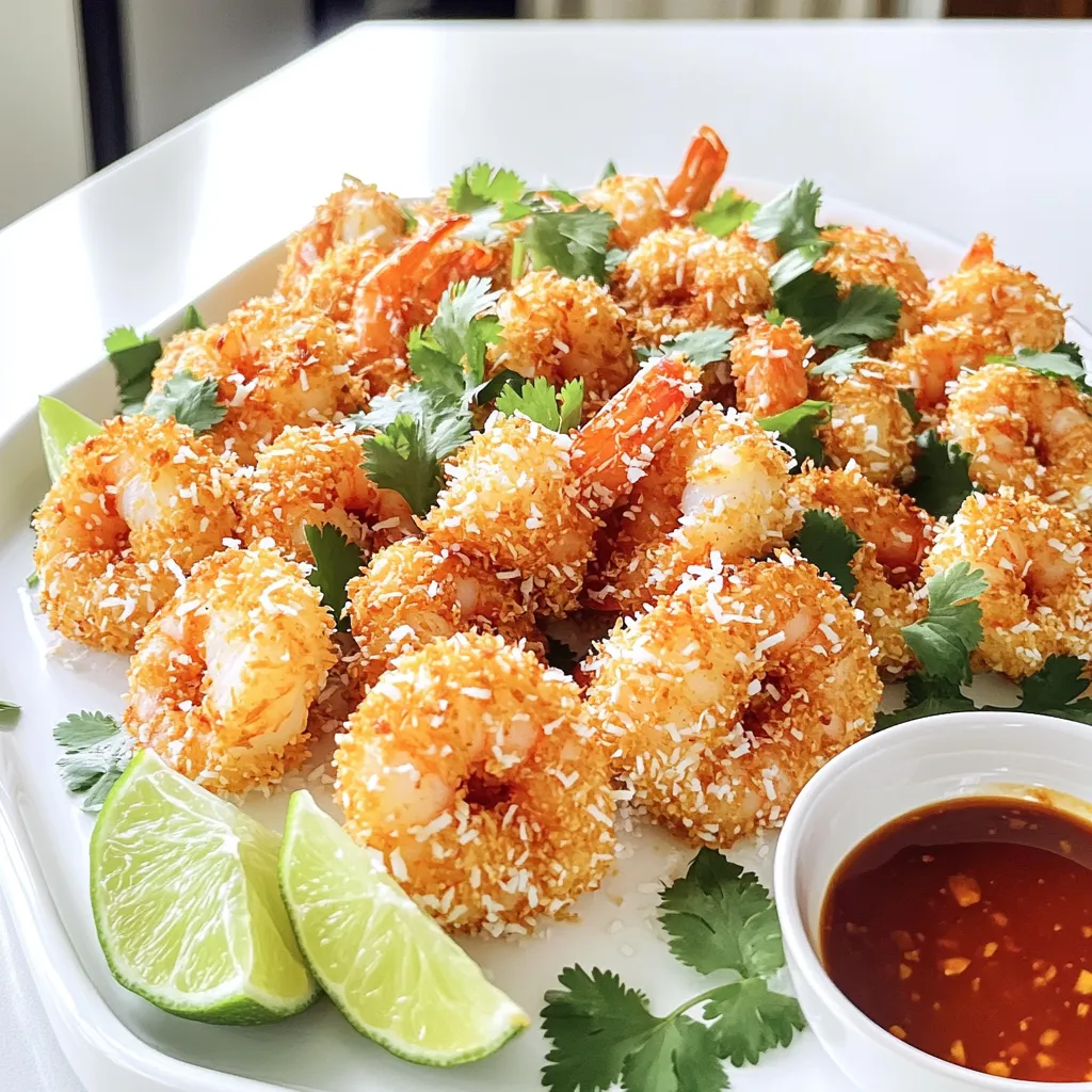 To make crispy coconut shrimp, gather these essential ingredients: - 1 pound large shrimp, peeled and deveined - 1 cup unsweetened shredded coconut - 1 cup panko breadcrumbs - 1/2 cup all-purpose flour - 2 large eggs - 1 teaspoon garlic powder - 1 teaspoon paprika - 1 teaspoon salt - 1/2 teaspoon black pepper - 1 tablespoon coconut oil (melted) These items work together to create that amazing crunch and sweet flavor. For a tasty twist, consider adding a dipping sauce. I recommend: - Sweet chili sauce This sauce adds a nice kick and pairs well with the shrimp. To make this dish, you will need some tools: - Air fryer - Three shallow bowls - Tongs or a fork - Cooking spray Having the right equipment helps make the process smooth and easy. Start with one pound of large shrimp. Peel and devein them if they are not done. Rinse the shrimp under cold water. Pat them dry with paper towels. This helps the coating stick better. First, make your coating station. Use three shallow bowls. In the first bowl, mix flour, garlic powder, paprika, salt, and black pepper. In the second bowl, beat two eggs until smooth. In the third bowl, blend shredded coconut and panko breadcrumbs. Now, take each shrimp. Dip it in the flour mix first. Shake off any extra flour. Next, dip it in the egg mix, covering it well. Finally, roll it in the coconut and panko mix. Press gently so it sticks. Repeat this for all shrimp. Preheat your air fryer to 400°F (200°C) for five minutes. Lay the coated shrimp in a single layer in the basket. Make sure they do not touch each other. This helps them cook evenly. Lightly spray the shrimp with melted coconut oil for browning. Cook for 8 to 10 minutes. Flip them halfway through cooking. Look for a golden brown color for the best crispiness. Once done, let the shrimp cool for a minute. They are now ready to serve! To get that perfect crunch, start with dry shrimp. Pat them with a paper towel. The drier they are, the better they crisp up. Preheat your air fryer to 400°F (200°C) for five minutes. This step helps the shrimp cook evenly. Avoid overcrowding the basket. Place shrimp in a single layer. This lets hot air circulate, giving you a golden brown finish. You can boost flavor easily. Add spices to the flour mix. Try cayenne pepper for heat or lime zest for freshness. For a tropical twist, mix in some crushed pineapple with the shredded coconut. Serve with sweet chili sauce for a tangy dip. It pairs well with the coconut's sweetness. Don’t skip the coating steps. Each layer adds flavor and crunch. If you skip the flour, the egg won’t stick well. Also, don’t rush the flipping process. Flipping halfway through ensures even cooking. Lastly, avoid using too much oil. A light spray is enough. Too much can make the shrimp greasy instead of crispy. {{image_2}} You can change the coating for your coconut shrimp. Try using crushed cornflakes instead of panko. They give a nice crunch! You can also mix in some spices like cayenne for heat. If you want a gluten-free version, choose almond flour or coconut flour. These options still keep it delicious. To change the flavor, add different spices. Consider using curry powder for an exotic twist. You can also use lime zest to brighten the taste. For a sweet touch, mix a bit of brown sugar into the coconut. This adds a nice caramel flavor when cooked. Each of these changes can make your dish unique. Pair your crispy coconut shrimp with fresh sides. A crisp salad with mango or avocado works well. You can also serve it with rice or quinoa for a full meal. For dipping, sweet chili sauce is a classic choice. You can also try a spicy mayo or a tangy mango salsa. These pairings enhance the shrimp's flavors and add variety to your meal. You can store leftover coconut shrimp easily. Place them in an airtight container. Keep the container in the fridge. They stay fresh for about 2-3 days. Make sure to cool them down first. This helps keep them crispy longer. When you're ready to eat, reheating is key. Preheat your air fryer to 350°F (175°C). Place the shrimp in the basket in a single layer. Heat them for about 5-7 minutes. This makes them crispy again. You can also use an oven if needed. Just bake them at 350°F for 10-15 minutes. Freezing works well, too. First, let your shrimp cool completely. Arrange them in a single layer on a baking sheet. Freeze them for about 1-2 hours. Once frozen, transfer them to a freezer bag. They can last up to 3 months in the freezer. When you're ready to cook, no need to thaw. Just air fry them directly from the freezer. Cook for a few extra minutes, and enjoy! You can tell shrimp are cooked when they turn pink and curl. The flesh should be opaque. This usually takes about 8-10 minutes in the air fryer. I suggest checking at the halfway point. Flip the shrimp for even cooking. A meat thermometer can help too. The internal temperature should reach 120°F. This ensures they are safe to eat. Yes, you can use frozen shrimp! Just make sure to thaw them first. Place them in cold water for 10-15 minutes. Pat them dry before coating. This helps the coating stick better. Frozen shrimp may need a minute or two more in the air fryer. Watch them closely to avoid overcooking. Coconut shrimp pair well with many sides. Here are some tasty options: - Rice: Steamed white or brown rice works well. - Salad: A fresh green salad adds crunch. - Dipping sauces: Sweet chili sauce is a great choice. - Vegetables: Grilled or roasted veggies add color and flavor. - Fruit salsa: Pineapple or mango salsa brings a tropical twist. Feel free to mix and match! Coconut shrimp is a tasty dish that anyone can make. We discussed key ingredients, steps, and equipment needed. I shared tips for crispiness and flavor, plus common mistakes to avoid. You also learned different variations and how to store your leftovers. Remember, fresh shrimp gives the best flavor. Try these methods, and you will impress your friends and family with your cooking skills. Enjoy your coconut shrimp and happy cooking!