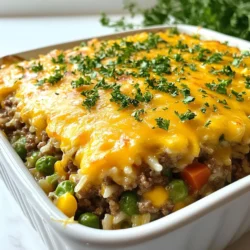 - 1 lb ground beef - 1 cup uncooked long-grain rice - 2 cups beef broth - 1 cup shredded cheddar cheese - 1 cup frozen mixed vegetables (carrots, peas, corn) - 1 medium onion, chopped - 2 cloves garlic, minced - 1 tablespoon Worcestershire sauce - 1 teaspoon paprika - Salt and pepper to taste - 2 tablespoons olive oil - Optional: Fresh parsley for garnish To make Cheesy Hamburger Rice Casserole, gather your ingredients first. You need ground beef for flavor and protein. The uncooked long-grain rice will absorb the juices while cooking. Beef broth adds depth to the dish. Cheddar cheese makes it gooey and rich, while the mixed vegetables add color and nutrients. Chopped onion and minced garlic bring great aroma and taste. Worcestershire sauce enhances the flavor profile. Paprika gives a nice hint of smokiness. Finally, have salt and pepper ready to season your dish. Olive oil is key for sautéing. If you like, add fresh parsley on top for a pop of color. - Large skillet - Mixing bowl - 9x13 inch baking dish - Aluminum foil Having the right tools makes cooking easier. A large skillet is perfect for browning the beef and softening the onion. Use a mixing bowl to combine your rice, broth, and other ingredients. The 9x13 inch baking dish holds everything for baking. Aluminum foil is important for covering the dish, keeping moisture in. With these tools, you're ready to create a comforting meal that everyone will enjoy. {{ingredient_image_1}} 1. Preheat your oven to 350°F (175°C). 2. Gather your ingredients. You will need ground beef, rice, beef broth, cheese, veggies, onion, garlic, Worcestershire sauce, paprika, salt, and pepper. 3. In a large skillet, heat 2 tablespoons of olive oil over medium heat. 4. Add the chopped onion and minced garlic. Sauté for 3-4 minutes until they soften. 1. Increase the heat to medium-high. 2. Add 1 pound of ground beef to the skillet. Cook until browned, breaking it apart. This takes about 5-7 minutes. 3. Drain any excess grease from the beef. Stir in 1 tablespoon of Worcestershire sauce, 1 teaspoon of paprika, and season with salt and pepper. Mix well and remove from heat. 4. In a large mixing bowl, combine 1 cup of uncooked rice and 2 cups of beef broth. 5. Stir in 1 cup of frozen mixed vegetables and the cooked beef mixture. Mix until everything is fully combined. 1. Pour the mixture into a greased 9x13 inch baking dish. 2. Cover the dish tightly with aluminum foil. 3. Bake in the preheated oven for 30 minutes. 4. After 30 minutes, remove the foil and sprinkle 1 cup of shredded cheddar cheese evenly on top. 5. Return to the oven, uncovered, and bake for an additional 10-15 minutes. You want the cheese to be bubbly and slightly golden. 6. Once done, take it out of the oven and let it sit for a few minutes before serving. This dish is warm and filling, perfect for family dinners or cozy nights in. To get perfect rice in your casserole, use long-grain rice. It cooks well and stays fluffy. Make sure to measure the rice and broth correctly. The right ratio helps the rice absorb all the flavors. To adjust the seasoning for your taste, start with the basic salt and pepper. You can add more Worcestershire sauce for depth. If you enjoy heat, a pinch of cayenne or chili powder works great. Always taste before serving! Pair your casserole with a fresh side salad. A simple green salad adds crunch and freshness. You can also serve it with garlic bread for a heartier meal. Garnishing with fresh parsley gives your dish a nice pop of color. It also adds a hint of freshness that brightens the flavors. Just chop it finely and sprinkle it on top before serving. If your rice is undercooked, don’t worry! You can add a splash of broth or water and cover it. Return it to the oven for another 10 minutes. This helps the rice finish cooking properly. For excess grease, drain the beef after browning it. This step removes most of the fat. If you find it greasy after baking, use a spoon to skim off the extra fat before serving. Pro Tips Use Lean Ground Beef: Opt for lean ground beef to reduce excess grease and keep the casserole lighter without sacrificing flavor. Flavor Boost: Consider adding your favorite spices or herbs, such as Italian seasoning or crushed red pepper, to elevate the flavor profile of the dish. Cheese Variations: Experiment with different types of cheese such as Monterey Jack or Pepper Jack for a unique twist on the classic cheddar topping. Rest Before Serving: Allow the casserole to sit for a few minutes after baking. This helps the flavors meld together and makes serving easier. {{image_2}} You can swap out ground beef for other meats. Try ground turkey, chicken, or pork. Each option brings a new taste. If you want a meatless meal, use lentils or mushrooms for texture. Cheese is key in this dish. While cheddar is a classic, you can use mozzarella or pepper jack for a kick. Experiment with different cheeses to find your favorite mix. To make the dish gluten-free, use a gluten-free rice or broth. Many brands offer these options. Check labels to ensure they meet your needs. For a vegetarian version, skip the meat. Use extra vegetables like bell peppers or zucchini. Add plant-based cheese for creaminess. This way, everyone can enjoy the meal. Spices and herbs can change the flavor. Try adding cumin or chili powder for warmth. Fresh herbs like basil or parsley can brighten the taste. You can also add more veggies. Consider spinach, broccoli, or bell peppers. They add color and nutrition. Just chop them small so they blend well in the casserole. Store your Cheesy Hamburger Rice Casserole in an airtight container. This keeps it fresh and tasty. Make sure to cool it down before putting it in the fridge. If you want to freeze it, use a freezer-safe container. This helps prevent freezer burn. You can also wrap it tightly in plastic wrap or foil. For best results, eat refrigerated leftovers within three to four days. To reheat, you have two great options. For the oven, preheat to 350°F (175°C). Place the casserole in a baking dish and cover it with foil. Bake for about 20 minutes or until hot throughout. For the microwave, put a single serving on a microwave-safe plate. Heat on high for 2-3 minutes. Stir halfway for even heating. Make sure it's hot before serving. In the fridge, the casserole lasts about three to four days. If you freeze it, it can last up to three months. Just make sure to label your container with the date. This helps you keep track of how long it's been stored. Can I make Cheesy Hamburger Rice Casserole ahead of time? Yes, you can prepare it in advance. Just cook everything, then cover and chill it. When ready to serve, bake it directly from the fridge. You may need to increase the baking time a bit. How do I prevent the rice from getting mushy? To keep the rice firm, use long-grain rice. Make sure to measure the beef broth correctly. Avoid overcooking the casserole in the oven. Cover it only for part of the baking to allow steam to escape. Calories and macronutrient breakdown per serving This casserole has about 400 calories per serving. It includes around 20 grams of protein and 30 grams of carbs. The cheese adds healthy fats too, making it a balanced meal. Healthier ingredient options You can use lean ground turkey instead of beef for fewer calories. Swap white rice for brown rice for added fiber. Choose low-fat cheese to cut back on fat without losing flavor. Scaling the recipe up or down To serve more people, just double the ingredients. If you need less, cut everything in half. The cooking time will stay about the same, but check for doneness. Cooking times for larger batches For larger casseroles, increase the baking time by 10-15 minutes. Always check the rice for doneness. If it’s not done, cover it and bake a little longer. This blog post covered a delicious and easy Cheesy Hamburger Rice Casserole. We shared the ingredients, tools, and step-by-step instructions to make it. Helpful tips ensured your dish comes out just right. Also, we discussed variations to suit different diets and preferences. Finally, storing and reheating tips help you enjoy leftovers later. Cooking should be fun and rewarding. With this recipe, you can share a meal everyone will love. Enjoy your cooking!