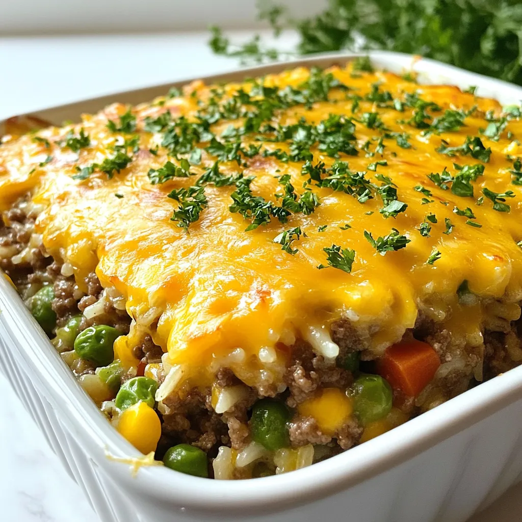 - 1 lb ground beef - 1 cup uncooked long-grain rice - 2 cups beef broth - 1 cup shredded cheddar cheese - 1 cup frozen mixed vegetables (carrots, peas, corn) - 1 medium onion, chopped - 2 cloves garlic, minced - 1 tablespoon Worcestershire sauce - 1 teaspoon paprika - Salt and pepper to taste - 2 tablespoons olive oil - Optional: Fresh parsley for garnish To make Cheesy Hamburger Rice Casserole, gather your ingredients first. You need ground beef for flavor and protein. The uncooked long-grain rice will absorb the juices while cooking. Beef broth adds depth to the dish. Cheddar cheese makes it gooey and rich, while the mixed vegetables add color and nutrients. Chopped onion and minced garlic bring great aroma and taste. Worcestershire sauce enhances the flavor profile. Paprika gives a nice hint of smokiness. Finally, have salt and pepper ready to season your dish. Olive oil is key for sautéing. If you like, add fresh parsley on top for a pop of color. - Large skillet - Mixing bowl - 9x13 inch baking dish - Aluminum foil Having the right tools makes cooking easier. A large skillet is perfect for browning the beef and softening the onion. Use a mixing bowl to combine your rice, broth, and other ingredients. The 9x13 inch baking dish holds everything for baking. Aluminum foil is important for covering the dish, keeping moisture in. With these tools, you're ready to create a comforting meal that everyone will enjoy. {{ingredient_image_1}} 1. Preheat your oven to 350°F (175°C). 2. Gather your ingredients. You will need ground beef, rice, beef broth, cheese, veggies, onion, garlic, Worcestershire sauce, paprika, salt, and pepper. 3. In a large skillet, heat 2 tablespoons of olive oil over medium heat. 4. Add the chopped onion and minced garlic. Sauté for 3-4 minutes until they soften. 1. Increase the heat to medium-high. 2. Add 1 pound of ground beef to the skillet. Cook until browned, breaking it apart. This takes about 5-7 minutes. 3. Drain any excess grease from the beef. Stir in 1 tablespoon of Worcestershire sauce, 1 teaspoon of paprika, and season with salt and pepper. Mix well and remove from heat. 4. In a large mixing bowl, combine 1 cup of uncooked rice and 2 cups of beef broth. 5. Stir in 1 cup of frozen mixed vegetables and the cooked beef mixture. Mix until everything is fully combined. 1. Pour the mixture into a greased 9x13 inch baking dish. 2. Cover the dish tightly with aluminum foil. 3. Bake in the preheated oven for 30 minutes. 4. After 30 minutes, remove the foil and sprinkle 1 cup of shredded cheddar cheese evenly on top. 5. Return to the oven, uncovered, and bake for an additional 10-15 minutes. You want the cheese to be bubbly and slightly golden. 6. Once done, take it out of the oven and let it sit for a few minutes before serving. This dish is warm and filling, perfect for family dinners or cozy nights in. To get perfect rice in your casserole, use long-grain rice. It cooks well and stays fluffy. Make sure to measure the rice and broth correctly. The right ratio helps the rice absorb all the flavors. To adjust the seasoning for your taste, start with the basic salt and pepper. You can add more Worcestershire sauce for depth. If you enjoy heat, a pinch of cayenne or chili powder works great. Always taste before serving! Pair your casserole with a fresh side salad. A simple green salad adds crunch and freshness. You can also serve it with garlic bread for a heartier meal. Garnishing with fresh parsley gives your dish a nice pop of color. It also adds a hint of freshness that brightens the flavors. Just chop it finely and sprinkle it on top before serving. If your rice is undercooked, don’t worry! You can add a splash of broth or water and cover it. Return it to the oven for another 10 minutes. This helps the rice finish cooking properly. For excess grease, drain the beef after browning it. This step removes most of the fat. If you find it greasy after baking, use a spoon to skim off the extra fat before serving. Pro Tips Use Lean Ground Beef: Opt for lean ground beef to reduce excess grease and keep the casserole lighter without sacrificing flavor. Flavor Boost: Consider adding your favorite spices or herbs, such as Italian seasoning or crushed red pepper, to elevate the flavor profile of the dish. Cheese Variations: Experiment with different types of cheese such as Monterey Jack or Pepper Jack for a unique twist on the classic cheddar topping. Rest Before Serving: Allow the casserole to sit for a few minutes after baking. This helps the flavors meld together and makes serving easier. {{image_2}} You can swap out ground beef for other meats. Try ground turkey, chicken, or pork. Each option brings a new taste. If you want a meatless meal, use lentils or mushrooms for texture. Cheese is key in this dish. While cheddar is a classic, you can use mozzarella or pepper jack for a kick. Experiment with different cheeses to find your favorite mix. To make the dish gluten-free, use a gluten-free rice or broth. Many brands offer these options. Check labels to ensure they meet your needs. For a vegetarian version, skip the meat. Use extra vegetables like bell peppers or zucchini. Add plant-based cheese for creaminess. This way, everyone can enjoy the meal. Spices and herbs can change the flavor. Try adding cumin or chili powder for warmth. Fresh herbs like basil or parsley can brighten the taste. You can also add more veggies. Consider spinach, broccoli, or bell peppers. They add color and nutrition. Just chop them small so they blend well in the casserole. Store your Cheesy Hamburger Rice Casserole in an airtight container. This keeps it fresh and tasty. Make sure to cool it down before putting it in the fridge. If you want to freeze it, use a freezer-safe container. This helps prevent freezer burn. You can also wrap it tightly in plastic wrap or foil. For best results, eat refrigerated leftovers within three to four days. To reheat, you have two great options. For the oven, preheat to 350°F (175°C). Place the casserole in a baking dish and cover it with foil. Bake for about 20 minutes or until hot throughout. For the microwave, put a single serving on a microwave-safe plate. Heat on high for 2-3 minutes. Stir halfway for even heating. Make sure it's hot before serving. In the fridge, the casserole lasts about three to four days. If you freeze it, it can last up to three months. Just make sure to label your container with the date. This helps you keep track of how long it's been stored. Can I make Cheesy Hamburger Rice Casserole ahead of time? Yes, you can prepare it in advance. Just cook everything, then cover and chill it. When ready to serve, bake it directly from the fridge. You may need to increase the baking time a bit. How do I prevent the rice from getting mushy? To keep the rice firm, use long-grain rice. Make sure to measure the beef broth correctly. Avoid overcooking the casserole in the oven. Cover it only for part of the baking to allow steam to escape. Calories and macronutrient breakdown per serving This casserole has about 400 calories per serving. It includes around 20 grams of protein and 30 grams of carbs. The cheese adds healthy fats too, making it a balanced meal. Healthier ingredient options You can use lean ground turkey instead of beef for fewer calories. Swap white rice for brown rice for added fiber. Choose low-fat cheese to cut back on fat without losing flavor. Scaling the recipe up or down To serve more people, just double the ingredients. If you need less, cut everything in half. The cooking time will stay about the same, but check for doneness. Cooking times for larger batches For larger casseroles, increase the baking time by 10-15 minutes. Always check the rice for doneness. If it’s not done, cover it and bake a little longer. This blog post covered a delicious and easy Cheesy Hamburger Rice Casserole. We shared the ingredients, tools, and step-by-step instructions to make it. Helpful tips ensured your dish comes out just right. Also, we discussed variations to suit different diets and preferences. Finally, storing and reheating tips help you enjoy leftovers later. Cooking should be fun and rewarding. With this recipe, you can share a meal everyone will love. Enjoy your cooking!