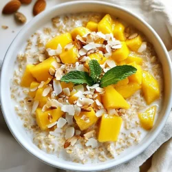 - 1 cup rolled oats - 1 cup unsweetened coconut milk - 1 ripe mango, diced - 1 tablespoon chia seeds - 2 tablespoons honey or maple syrup - 1 teaspoon vanilla extract - 1/4 teaspoon ground cinnamon - A pinch of salt - Optional toppings: shredded coconut, sliced almonds, fresh mint leaves To make Mango Coconut Overnight Oats, you need simple and fresh ingredients. Rolled oats form the base of your dish. They soak up the coconut milk, creating a creamy texture. Unsweetened coconut milk adds a rich flavor and keeps it light. A ripe mango brings sweetness and vibrant color. You can use a fresh mango or even frozen pieces if you prefer. Chia seeds are a great addition. They help thicken your oats and add some healthy fiber. Honey or maple syrup sweetens your oats. You can adjust the amount to suit your taste. Vanilla extract gives a lovely aroma to your dish. Ground cinnamon adds warmth and depth. A pinch of salt helps balance all the flavors. For extra flair, consider toppings. Shredded coconut adds texture and sweetness. Sliced almonds give a nice crunch. Fresh mint leaves provide a refreshing touch. With these ingredients, you create a tasty and healthy breakfast. It’s easy to prepare and perfect for busy mornings. Each bite will remind you of sunny days. {{ingredient_image_1}} To start, mix your dry ingredients. In a bowl, add 1 cup of rolled oats, 1 tablespoon of chia seeds, and a pinch of salt. Stir them together until they blend well. This mix gives your oats great texture. Next, combine your wet ingredients. In a separate bowl, whisk together 1 cup of unsweetened coconut milk, 2 tablespoons of honey or maple syrup, 1 teaspoon of vanilla extract, and 1/4 teaspoon of ground cinnamon. This mixture adds sweet and rich flavor. Now, it's time to combine the oats and the wet mix. Pour the coconut milk mixture over the oats. Stir gently until all the oats are coated. This ensures every bite is flavorful. Now, fold in your diced mango. Use 1 ripe mango, diced into small pieces. Keep a few pieces aside for topping if you want. This adds a fresh burst of flavor. Cover the bowl with plastic wrap or use mason jars for individual servings. Place your oats in the fridge overnight, or for at least 4 hours. This allows the oats to soak up the liquid and thicken nicely. In the morning, stir your oats well. If they are too thick, add a splash of coconut milk to reach your desired consistency. Enjoy your delicious Mango Coconut Overnight Oats! To get the best texture for your mango coconut overnight oats, choose rolled oats. They soak up the coconut milk well, creating a creamy mix. You want them to be soft but not mushy. Let them sit overnight in the fridge. This helps them soften just right. If you want your oats sweeter, add honey or maple syrup. Start with two tablespoons, then taste it. You can always add more to fit your sweet tooth. For extra flavor, top your oats with shredded coconut and sliced almonds. They add crunch and taste. Fresh mint leaves can brighten the dish and bring a pop of freshness. For a complete breakfast, pair your oats with a side of fresh fruit or yogurt. A glass of fresh juice also works well, making your meal balanced and satisfying. These oats last well in the fridge. Store them in mason jars for easy grab-and-go meals. They can last up to three days without losing taste or texture. When meal prepping, portion out your oats into jars. This makes them easy to take with you. Just remember to add your toppings fresh each morning for the best taste. Pro Tips Use Ripe Mango: Choose a ripe mango for the best sweetness and flavor. A mango that gives slightly when pressed is perfect! Customize Sweetness: Adjust the amount of honey or maple syrup according to your taste preferences. Start with less and add more if needed! Thickening Tip: If the oats seem too thick after refrigerating, simply add a splash of coconut milk and stir to achieve your desired consistency. Make it Ahead: Prepare multiple servings at once in mason jars for a quick grab-and-go breakfast throughout the week! {{image_2}} You can change the flavors of your mango coconut overnight oats for a fun twist. Try adding a diced pineapple for a bright, tropical taste. You could also use ripe bananas for added sweetness. These fruits mix well with coconut milk and oats, making every bite special. If you want to use different nut milks, there are great options. Almond milk or cashew milk can work nicely. Each type of milk adds its own flavor and creaminess. You can choose based on what you like best. This recipe is very flexible for different diets. If you need a vegan option, replace honey with maple syrup. This keeps it sweet and plant-based. You can also use agave syrup if you prefer. For those who need gluten-free options, rolled oats are often safe. Just check that they are certified gluten-free. This way, you can enjoy your oats worry-free. Using seasonal fruits can make your oats even more exciting. In summer, try berries like strawberries or blueberries. In the fall, add pumpkin puree and spices like nutmeg for a cozy feel. This keeps your breakfast fresh and in tune with the seasons. You can also bring in holiday flavors. Consider adding a touch of nutmeg or ginger around the winter holidays. These spices can turn a simple dish into a festive treat. Experiment with what you have, and enjoy the variety! Storing your mango coconut overnight oats is easy. First, keep them in a sealed container. You can use a bowl covered with plastic wrap or individual mason jars. This keeps the oats fresh and prevents them from drying out. The oats will stay good in the fridge for about 3 to 5 days. After this time, they may lose some flavor and texture. If you notice any odd smell or change in color, it’s best to toss them out. You want to enjoy your oats at their best! Freezing is a great way to keep your oats for longer. To freeze individual servings, scoop the mixture into freezer-safe containers or bags. Make sure to leave some space for expansion. When you want to eat them, take a serving out of the freezer. Thaw it overnight in the fridge. If you need it faster, you can use a microwave. Heat it in short bursts until warm. If the oats seem thick, just add a little coconut milk to reach the right consistency. This way, you can enjoy your tasty mango coconut oats any time! Can I use rolled oats instead of quick oats? Yes, you can use rolled oats. They are great for overnight oats. Rolled oats absorb liquid well, giving a nice texture. Quick oats may turn too mushy. How long can overnight oats last in the fridge? Overnight oats can last for up to five days in the fridge. They stay fresh when stored in a sealed container. Just remember to stir before serving. Can I make these oats without chia seeds? Yes, you can skip the chia seeds. They add texture and nutrition, but the oats will still be tasty. Feel free to add extra fruit or nuts instead. Caloric breakdown per serving Each serving of mango coconut overnight oats has about 300 calories. This can vary based on your toppings. The oats, coconut milk, and honey provide a good balance of carbs and fats. Health benefits of the ingredients - Rolled oats: High in fiber, they help with digestion. - Coconut milk: Offers healthy fats and adds creaminess. - Mango: Packed with vitamins A and C, supports immune health. - Chia seeds: Provide omega-3s and protein. How to adapt the recipe for larger servings? To make more servings, simply double or triple the ingredients. Use a larger mixing bowl and container. Adjust the sweetener based on your taste. What are the best substitutes for coconut milk? You can use almond milk, soy milk, or oat milk. Each will change the flavor slightly. Choose unsweetened options for the best results. You now have a simple way to make tasty overnight oats. We went over the key ingredients, step-by-step instructions, and helpful tips. You can mix, match, and store your oats easily. With variations for different tastes and diets, there's something for everyone. Remember, you can freeze them too! I hope you feel inspired to try this easy breakfast. Enjoy the process and make it your own!
