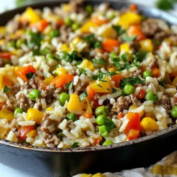 - 1 pound ground beef - 1 cup long-grain white rice - 2 cups beef or vegetable broth - 1 onion, finely chopped - 2 cloves garlic, minced - 1 bell pepper (any color), diced - 1 cup frozen peas and carrots mix - 2 tablespoons soy sauce - 1 tablespoon Worcestershire sauce (optional) - 1 teaspoon smoked paprika - Salt and pepper to taste - 2 tablespoons olive oil - Fresh parsley, chopped (for garnish) These ingredients come together to create a hearty dish. The ground beef gives a rich taste. Rice serves as a filling base. Broth adds flavor and moisture. Onions and garlic provide a strong aroma. Bell pepper adds color and crunch. The peas and carrots bring sweetness and nutrition. - Worcestershire sauce - Fresh parsley for garnish Worcestershire sauce enhances the umami flavor. Fresh parsley brings a bright touch. Both are nice but not needed. - Ground beef can be replaced with turkey or chicken. - Long-grain white rice can be swapped for brown rice or quinoa. - Beef broth can be changed to vegetable broth for a lighter taste. - Frozen peas and carrots can be substituted with any frozen mixed veggies. These substitutions keep the dish tasty while accommodating different diets. You can easily adjust based on what you have at home. {{ingredient_image_1}} Start by heating 2 tablespoons of olive oil in a large skillet over medium heat. Once the oil is hot, add 1 finely chopped onion and 2 minced garlic cloves. Sauté these for 2-3 minutes, until they smell good and the onion turns soft. Next, add 1 pound of ground beef to the skillet. Break it apart with a spatula as it cooks. Let it brown for about 5-7 minutes. Season the beef with salt, pepper, and 1 teaspoon of smoked paprika for extra flavor. After the beef is browned, stir in 1 diced bell pepper. Cook this mixture for another 4-5 minutes, until the pepper softens. Now it’s time to add 1 cup of long-grain white rice to the skillet. Stir it in well with the beef and veggies. Pour in 2 cups of beef or vegetable broth, along with 2 tablespoons of soy sauce. If you like, you can add 1 tablespoon of Worcestershire sauce for depth. Bring the mixture to a boil. Once boiling, reduce the heat to low and cover the skillet. Let it simmer for about 18-20 minutes. This will cook the rice and allow it to soak up most of the liquid. When the rice is done, gently fold in 1 cup of frozen peas and carrots. Cover the skillet again and let it sit for another 5 minutes. This warms up the veggies. After that, fluff the mixture with a fork. Taste it and add more salt or pepper if needed. For serving, you can either keep the skillet on the table for a rustic look or serve portions on plates. Garnish with fresh chopped parsley for color. Enjoy your meal with some crusty bread or a fresh salad! To make your ground beef and rice skillet shine, focus on seasoning. Use salt and pepper to enhance flavors. Smoked paprika adds a nice touch. You can also try adding a dash of hot sauce for heat. Fresh herbs like parsley brighten up the dish. Mix them in right before serving for the best taste. One-pan meals are all about timing. Start with ingredients that take longer to cook. Onions and garlic should go in first, as they build a flavor base. When adding rice, stir it well with the beef and veggies. This helps each grain soak up flavors. Lastly, don't skip the lid when simmering. This keeps moisture in and cooks the rice evenly. For a great presentation, serve the skillet right from the pan. This gives a warm, rustic look. If you prefer plates, scoop the mixture onto them. A sprinkle of fresh parsley adds color. Pair it with crusty bread or a fresh salad for a complete meal. Enjoy this dish warm for the best experience. Pro Tips Use Lean Ground Beef: Opt for lean ground beef to reduce excess grease, making your dish healthier and more flavorful. Broth for Extra Flavor: Using beef broth instead of water adds depth and richness to the rice, enhancing the overall taste of the dish. Customize Veggies: Feel free to mix in your favorite vegetables or whatever you have on hand to make this dish your own. Rest Before Serving: Let the skillet sit for a few minutes after cooking. This helps the flavors meld together and improves the dish’s texture. {{image_2}} You can easily make this dish meat-free. Swap the ground beef for lentils or black beans. They add great protein and taste. Use vegetable broth instead of beef broth. For a rich flavor, add a splash of liquid smoke or smoked paprika. Toss in extra vegetables like zucchini or mushrooms for more texture. This gives you a hearty meal that is still filling and full of flavor. If you like heat, add spices like cayenne pepper or crushed red pepper flakes. Stir these in while cooking the beef. You can also mix in jalapeños or serrano peppers for fresh heat. A few dashes of hot sauce at the end can bring it all together. This spicy version keeps the same comfort but adds a kick to your meal. Want to switch up the grains? Try quinoa or farro instead of rice. These grains cook well and add a nutty flavor. Adjust the liquid amounts since they may vary. Quinoa cooks faster, while farro takes longer. Barley is another great choice, providing a chewy texture. Each option brings its own taste, making the dish unique every time you prepare it. Store any leftovers in an airtight container. Let the skillet cool down first. Place it in the fridge within two hours of cooking. This keeps it safe to eat later. You can enjoy it for up to three days. Make sure to check for any off smells before eating. You can freeze this dish for later use. Allow it to cool completely. Divide it into portions for easy thawing. Use freezer-safe bags or containers. Label them with the date. You can freeze it for up to three months. When ready to eat, thaw in the fridge overnight. To reheat, use a microwave or stovetop. If using the microwave, place it in a safe dish. Heat in short bursts, stirring in between. If using the stovetop, add a splash of broth to keep it moist. Heat over low until warmed through. Always check the temperature before serving. Enjoy your meal again! Yes, you can use brown rice instead of white rice. Brown rice takes longer to cook, so adjust the cooking time. You will need about 45 minutes to fully cook brown rice. Add more liquid too, about 2 ½ cups of broth for 1 cup of brown rice. To keep the rice from sticking, rinse it before cooking. This removes extra starch. Use enough broth and stir the mix well. Cover the skillet while it cooks, as steam helps the rice cook evenly. Let it rest after cooking. This helps the rice settle and prevents sticking. This dish is great on its own! You can serve it with a fresh green salad or crusty bread. Try adding a side of roasted vegetables for more flavor. A dollop of sour cream or a sprinkle of cheese can also make it special. Enjoy your meal with friends or family! In this article, we covered everything needed for a tasty ground beef and rice skillet. You learned about the key ingredients and optional swaps. We explained step-by-step cooking methods and shared tips to enhance flavor. You can enjoy many variations, like vegetarian options or adding spice. Plus, we discussed storage tips to keep your meal fresh. Remember, this dish is flexible and simple. Experiment with it and find your favorite way to make it. Happy cooking!
