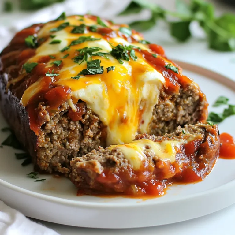 To make this tasty stuffed Italian meatloaf, you need: - 1 lb ground beef - 1 lb ground pork (or ground turkey for a leaner dish) - 1 cup breadcrumbs - 2/3 cup grated Parmesan cheese - 1/2 cup fresh parsley, chopped - 1/2 cup onion, finely chopped - 2 cloves garlic, minced - 2 large eggs - 1 cup marinara sauce (plus more for topping) - 1 tsp dried oregano - 1 tsp dried basil - Salt and pepper to taste - 1 cup mozzarella cheese, shredded - Olive oil for frying These ingredients come together to create a hearty meatloaf that is both filling and flavorful. You can customize your meatloaf by using other ingredients. For a healthier option, try ground turkey instead of beef and pork. If you want more flavor, add diced bell peppers or mushrooms. You can also swap out the breadcrumbs for crushed crackers or oats if you like. Herbs and spices add great taste to your meatloaf. I use: - Dried oregano - Dried basil These herbs give the meatloaf a classic Italian flavor. You can also add red pepper flakes for a bit of heat or Italian seasoning for an extra kick. Don’t forget to season with salt and pepper to balance the flavors! {{ingredient_image_1}} First, preheat your oven to 350°F (175°C). This step warms the oven for even cooking. Next, heat some olive oil in a skillet over medium heat. Add finely chopped onion and minced garlic. Cook them for about 3-5 minutes, until they are soft and clear. Remove the skillet from the heat and let the mixture cool. This makes the base of your meatloaf flavorful. In a large bowl, combine the following ingredients: - 1 lb ground beef - 1 lb ground pork (or ground turkey for a leaner choice) - 1 cup breadcrumbs - 2/3 cup grated Parmesan cheese - 1/2 cup fresh parsley, chopped - 1/2 cup sautéed onion and garlic - 2 large eggs - 1 cup marinara sauce (plus more for topping) - 1 tsp dried oregano - 1 tsp dried basil - Salt and pepper to taste Mix everything well until it forms a uniform mixture. Make sure all the ingredients are combined. This mixture will create the meatloaf's main body and flavor. On a large piece of parchment paper, shape half of the meat mixture into a rectangle, about 1 inch thick. Sprinkle the shredded mozzarella cheese evenly over the center of the rectangle. Leave some space along the edges. Carefully lift one side of the parchment paper to roll the meat over the cheese. Tuck in the sides as you roll. Pinch the edges to seal the meatloaf. This step keeps the cheesy goodness inside. Place the rolled meatloaf seam-side down in a baking dish. Spread some marinara sauce over the top. Bake in your preheated oven for about 60-70 minutes. You want it to reach an internal temperature of 160°F (70°C). After baking, let the meatloaf rest for about 10 minutes before slicing. Serve warm, drizzling more marinara sauce over each slice if you like. Enjoy your delicious creation with a side of garlic bread or salad! Mixing the meatloaf well is key. Use your hands for the best results. It helps blend the flavors together. Don’t overmix, or the meat will become tough. Once mixed, shape the meat on parchment paper. Form it into a rectangle about one inch thick. Keep the edges even to help with rolling later. To get the cheese just right, use shredded mozzarella. Sprinkle it in the center of the meat rectangle. Leave space around the edges to prevent spills. When you roll the meat, tuck the cheese inside carefully. Pinch the seams to seal it tight. This keeps the cheese from leaking out while baking. Resting is important after baking. Let the meatloaf sit for ten minutes. This helps the juices settle. If you slice too soon, it might fall apart. Use a sharp knife for clean cuts. Serve with marinara sauce drizzled on top for extra flavor. Enjoy each slice with warmth and love! Pro Tips Use a Meat Thermometer: To ensure your meatloaf is perfectly cooked, use a meat thermometer to check for an internal temperature of 160°F (70°C). Sautéing Aromatics: Sautéing the onion and garlic before mixing them into the meat improves their flavor and ensures they are evenly distributed throughout the meatloaf. Resting Time: Allowing the meatloaf to rest for about 10 minutes after baking helps it hold its shape better when sliced. Customize Fillings: Feel free to experiment with different cheeses or add chopped spinach or roasted red peppers for extra flavor and nutrition! {{image_2}} You can swap the ground beef and pork for leaner meats. Ground turkey works great. It still gives you a nice flavor. You can also try ground chicken. Both options are lower in fat. They still keep the meatloaf juicy and tasty. Mozzarella is classic, but you can get creative. Try using ricotta for a creamy touch. Feta adds a tangy flavor that surprises the palate. You can also mix in sautéed spinach for added nutrition. Fresh herbs can brighten up the stuffing too. Just think about what you like! Marinara sauce is a staple, but let’s spice it up! You can add crushed red pepper for heat. A splash of red wine can deepen the flavor. Mixing in sautéed mushrooms gives a nice earthy taste. If you love the taste of fresh herbs, add basil or oregano right before serving. This can make your sauce stand out! To store leftover meatloaf, first let it cool. Wrap it tightly in plastic wrap or foil. You can also place it in an airtight container. Make sure to store it in the fridge. It stays fresh for about 3-4 days. If you want to enjoy it longer, freezing is a great option. When reheating your meatloaf, keep it moist. Preheat your oven to 350°F. Place the meatloaf in a baking dish. Add a splash of marinara sauce on top. Cover it with foil to keep it from drying out. Bake for about 20-25 minutes. Check that it’s warm all the way through before serving. To freeze meatloaf, slice it first for easier servings. Wrap each slice tightly in plastic wrap. Then, place the slices in a freezer bag. Remove as much air as possible. Label the bag with the date. Your meatloaf will keep well for up to 3 months. When ready to eat, thaw in the fridge overnight and reheat as mentioned above. Yes, you can make Stuffed Italian Meatloaf ahead of time. Prepare it up to the baking step. Cover it tightly and store it in the fridge for up to a day. When ready, bake it straight from the fridge. Just add a few extra minutes to the cooking time. Stuffed Italian Meatloaf pairs well with many sides. Here are some ideas: - Garlic bread - A simple green salad - Roasted vegetables - Creamy mashed potatoes - Pasta with marinara sauce These sides complement the flavors of the meatloaf and make a complete meal. To check if the meatloaf is done, use a meat thermometer. Insert it into the center of the loaf. It should read at least 160°F (70°C). If you don’t have a thermometer, you can cut into the meatloaf. The juices should run clear, and the meat should be no longer pink. Yes, you can use ground turkey instead of beef and pork. This makes the meatloaf leaner. However, turkey can be drier than beef or pork. To keep it moist, add a bit more marinara sauce or include extra cheese. This will help retain moisture while adding flavor. Stuffed Italian Meatloaf is a delicious, easy dish you can make at home. We covered the main ingredients and some fun variations. You learned how to prep, mix, shape, and bake your meatloaf. I shared tips for perfect cheese melting and slicing. Storing leftovers safely is simple too. Now, you can impress family and friends with your cooking skills. Experiment with flavors, and have fun with the recipe. Enjoy every tasty bite!