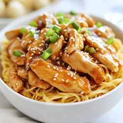 To make Sticky Garlic Chicken Noodles, you will need a few simple ingredients. Here’s what you need: - 2 boneless skinless chicken breasts, sliced thinly - 200g egg noodles - 3 tablespoons soy sauce - 2 tablespoons honey - 4 cloves garlic, minced - 1 tablespoon fresh ginger, minced - 1 tablespoon sesame oil - 2 green onions, chopped - 1 tablespoon rice vinegar - 1 tablespoon cornstarch (for thickening, optional) - Salt and pepper to taste - Sesame seeds for garnish These ingredients are easy to find. I love using fresh garlic and ginger. They add a great flavor. Make sure to get good quality soy sauce. It really makes a difference. If you want extra crunch, consider using cornstarch. It helps the chicken stay tender too. This dish is quick to make and perfect for busy nights. You can easily adjust the amounts to suit your taste. Get ready to enjoy a tasty meal! {{ingredient_image_1}} 1. Start by boiling a pot of salted water. 2. Once boiling, add the egg noodles. 3. Cook according to the package instructions until they are al dente. 4. Drain the noodles and set them aside. 1. Take your sliced chicken and place it in a mixing bowl. 2. Season the chicken with salt and pepper. 3. If you want extra crunch, add cornstarch to the mix. 1. In a large skillet, heat sesame oil over medium-high heat. 2. Add the seasoned chicken to the skillet. 3. Stir-fry the chicken for about 5 to 7 minutes. 4. Check that the chicken is golden brown and fully cooked. 5. Once done, remove the chicken from the pan and set aside. 1. In the same skillet, lower the heat to medium. 2. Add minced garlic and ginger to the pan. 3. Sauté for about 30 seconds until you smell their fragrance. 4. Pour in soy sauce, honey, and rice vinegar. 5. Stir and let it simmer for 2 to 3 minutes to thicken. 1. Return the chicken back to the skillet. 2. Stir everything together well. 3. Allow the mixture to simmer so the chicken absorbs the flavors. 1. Now, add the cooked noodles to the skillet. 2. Toss the noodles until they are well coated in the sauce. 3. Cook for another 2 to 3 minutes. 4. Remove from heat and stir in chopped green onions. 5. Serve hot and sprinkle sesame seeds on top for garnish. - Best cooking temperatures: Cook chicken on medium-high heat. This keeps it juicy and tender. - How to avoid dry chicken: Don’t overcook the chicken. Aim for 5-7 minutes until golden brown and cooked through. - Adding spice elements: For heat, add red pepper flakes or sriracha. This adds a nice kick. - Suggestions for additional veggies: Try bell peppers, broccoli, or snap peas. They add color and crunch. - Avoiding sticky noodles: Rinse noodles with cold water after cooking. This helps prevent sticking. - Timing for best results: Cook noodles until just al dente. This keeps them firm and prevents mushiness. Pro Tips Marinate for Extra Flavor: Consider marinating the chicken in soy sauce, honey, and garlic for at least 30 minutes before cooking. This enhances the flavor and tenderness of the meat. Use Fresh Ingredients: Fresh garlic and ginger will provide a more vibrant and aromatic flavor compared to pre-minced alternatives, making your dish more delicious. Adjust Thickness of Sauce: If you prefer a thicker sauce, mix the cornstarch with a bit of water to create a slurry before adding it to the skillet for a glossy finish. Garnish Creatively: Beyond sesame seeds, consider adding crushed peanuts or fresh cilantro as a garnish for added texture and flavor. {{image_2}} You can switch the chicken for other proteins. Tofu is a great choice for a plant-based meal. It absorbs flavors well and adds a nice texture. Just press the tofu to remove extra water, then cut it into cubes. Sauté it until golden before adding the sauce. You can also use shrimp or beef. Shrimp cooks quickly and adds a sweet taste. Beef offers a rich flavor. Slice it thinly for even cooking. To make this dish fully plant-based, swap out the chicken and use tofu or tempeh. You can also add lots of veggies. Bell peppers, carrots, or bok choy work well. Just stir-fry them until tender before adding the sauce. For a unique twist, consider using mushrooms. They add a umami flavor that complements the dish. You can easily change the flavor by adjusting the sauce. Use teriyaki sauce instead of soy sauce for a sweeter taste. If you like heat, add some chili paste or sriracha. Different noodles can also make a big difference. Try rice noodles for a gluten-free option, or udon for a chewy texture. Each choice gives the dish a new vibe. To keep your Sticky Garlic Chicken Noodles fresh, use airtight containers. Glass or plastic containers work well. Make sure they are sealed tight. Store your leftovers in the fridge for up to three days. If you want them to last longer, consider freezing them. When it's time to eat, the best method to reheat is using a skillet. Heat over medium heat. Add a splash of water or soy sauce to keep the noodles moist. Stir occasionally to avoid sticking. If you prefer, you can also use a microwave. Just cover the dish to trap steam and heat for one minute. Check and stir, then heat for another minute if needed. This keeps the noodles soft. Yes, you can freeze Sticky Garlic Chicken Noodles. First, let them cool to room temperature. Then place them in freezer-safe bags or containers. Squeeze out as much air as possible. They can last up to three months in the freezer. To thaw and reheat, move the noodles to the fridge for a few hours or overnight. You can also use a microwave. Heat on low power, stirring often. This helps to keep the noodles from getting mushy. Enjoy your meal even after a few weeks! To reheat Sticky Garlic Chicken Noodles, use a skillet. Heat it on medium. Add a splash of water or broth to keep the noodles moist. Stir the noodles for about 3-5 minutes until hot. This method helps maintain flavor and texture. Yes, you can make Sticky Garlic Chicken Noodles ahead of time. Prepare the dish, then let it cool. Store it in an airtight container in the fridge. It stays fresh for about 3 days. Just reheat it when you’re ready to eat. To spice up the sauce, add crushed red pepper flakes or sriracha. Start small and taste as you go. You can also add fresh chili peppers for a kick. This gives a nice heat without losing the dish's flavor. You can use many types of noodles. Egg noodles work best for this dish. However, you can also try rice noodles, udon, or even whole wheat noodles. Just adjust the cooking time based on the noodle type. This recipe is not gluten-free due to soy sauce. However, you can use gluten-free soy sauce or tamari as a substitute. Make sure your noodles are also gluten-free. This way, you can enjoy a tasty gluten-free meal. In this blog post, I shared a tasty recipe for Sticky Garlic Chicken Noodles. You learned about the key ingredients and step-by-step instructions for cooking. I provided tips for perfecting chicken texture, enhancing flavors, and offered variations to suit different tastes. Storing leftovers and reheating methods ensure you enjoy it later. Cooking can be fun and easy, and this recipe is a great place to start. Enjoy making your own version of this dish and impressing your friends and family with your skills!