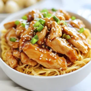 To make Sticky Garlic Chicken Noodles, you will need a few simple ingredients. Here’s what you need: - 2 boneless skinless chicken breasts, sliced thinly - 200g egg noodles - 3 tablespoons soy sauce - 2 tablespoons honey - 4 cloves garlic, minced - 1 tablespoon fresh ginger, minced - 1 tablespoon sesame oil - 2 green onions, chopped - 1 tablespoon rice vinegar - 1 tablespoon cornstarch (for thickening, optional) - Salt and pepper to taste - Sesame seeds for garnish These ingredients are easy to find. I love using fresh garlic and ginger. They add a great flavor. Make sure to get good quality soy sauce. It really makes a difference. If you want extra crunch, consider using cornstarch. It helps the chicken stay tender too. This dish is quick to make and perfect for busy nights. You can easily adjust the amounts to suit your taste. Get ready to enjoy a tasty meal! {{ingredient_image_1}} 1. Start by boiling a pot of salted water. 2. Once boiling, add the egg noodles. 3. Cook according to the package instructions until they are al dente. 4. Drain the noodles and set them aside. 1. Take your sliced chicken and place it in a mixing bowl. 2. Season the chicken with salt and pepper. 3. If you want extra crunch, add cornstarch to the mix. 1. In a large skillet, heat sesame oil over medium-high heat. 2. Add the seasoned chicken to the skillet. 3. Stir-fry the chicken for about 5 to 7 minutes. 4. Check that the chicken is golden brown and fully cooked. 5. Once done, remove the chicken from the pan and set aside. 1. In the same skillet, lower the heat to medium. 2. Add minced garlic and ginger to the pan. 3. Sauté for about 30 seconds until you smell their fragrance. 4. Pour in soy sauce, honey, and rice vinegar. 5. Stir and let it simmer for 2 to 3 minutes to thicken. 1. Return the chicken back to the skillet. 2. Stir everything together well. 3. Allow the mixture to simmer so the chicken absorbs the flavors. 1. Now, add the cooked noodles to the skillet. 2. Toss the noodles until they are well coated in the sauce. 3. Cook for another 2 to 3 minutes. 4. Remove from heat and stir in chopped green onions. 5. Serve hot and sprinkle sesame seeds on top for garnish. - Best cooking temperatures: Cook chicken on medium-high heat. This keeps it juicy and tender. - How to avoid dry chicken: Don’t overcook the chicken. Aim for 5-7 minutes until golden brown and cooked through. - Adding spice elements: For heat, add red pepper flakes or sriracha. This adds a nice kick. - Suggestions for additional veggies: Try bell peppers, broccoli, or snap peas. They add color and crunch. - Avoiding sticky noodles: Rinse noodles with cold water after cooking. This helps prevent sticking. - Timing for best results: Cook noodles until just al dente. This keeps them firm and prevents mushiness. Pro Tips Marinate for Extra Flavor: Consider marinating the chicken in soy sauce, honey, and garlic for at least 30 minutes before cooking. This enhances the flavor and tenderness of the meat. Use Fresh Ingredients: Fresh garlic and ginger will provide a more vibrant and aromatic flavor compared to pre-minced alternatives, making your dish more delicious. Adjust Thickness of Sauce: If you prefer a thicker sauce, mix the cornstarch with a bit of water to create a slurry before adding it to the skillet for a glossy finish. Garnish Creatively: Beyond sesame seeds, consider adding crushed peanuts or fresh cilantro as a garnish for added texture and flavor. {{image_2}} You can switch the chicken for other proteins. Tofu is a great choice for a plant-based meal. It absorbs flavors well and adds a nice texture. Just press the tofu to remove extra water, then cut it into cubes. Sauté it until golden before adding the sauce. You can also use shrimp or beef. Shrimp cooks quickly and adds a sweet taste. Beef offers a rich flavor. Slice it thinly for even cooking. To make this dish fully plant-based, swap out the chicken and use tofu or tempeh. You can also add lots of veggies. Bell peppers, carrots, or bok choy work well. Just stir-fry them until tender before adding the sauce. For a unique twist, consider using mushrooms. They add a umami flavor that complements the dish. You can easily change the flavor by adjusting the sauce. Use teriyaki sauce instead of soy sauce for a sweeter taste. If you like heat, add some chili paste or sriracha. Different noodles can also make a big difference. Try rice noodles for a gluten-free option, or udon for a chewy texture. Each choice gives the dish a new vibe. To keep your Sticky Garlic Chicken Noodles fresh, use airtight containers. Glass or plastic containers work well. Make sure they are sealed tight. Store your leftovers in the fridge for up to three days. If you want them to last longer, consider freezing them. When it's time to eat, the best method to reheat is using a skillet. Heat over medium heat. Add a splash of water or soy sauce to keep the noodles moist. Stir occasionally to avoid sticking. If you prefer, you can also use a microwave. Just cover the dish to trap steam and heat for one minute. Check and stir, then heat for another minute if needed. This keeps the noodles soft. Yes, you can freeze Sticky Garlic Chicken Noodles. First, let them cool to room temperature. Then place them in freezer-safe bags or containers. Squeeze out as much air as possible. They can last up to three months in the freezer. To thaw and reheat, move the noodles to the fridge for a few hours or overnight. You can also use a microwave. Heat on low power, stirring often. This helps to keep the noodles from getting mushy. Enjoy your meal even after a few weeks! To reheat Sticky Garlic Chicken Noodles, use a skillet. Heat it on medium. Add a splash of water or broth to keep the noodles moist. Stir the noodles for about 3-5 minutes until hot. This method helps maintain flavor and texture. Yes, you can make Sticky Garlic Chicken Noodles ahead of time. Prepare the dish, then let it cool. Store it in an airtight container in the fridge. It stays fresh for about 3 days. Just reheat it when you’re ready to eat. To spice up the sauce, add crushed red pepper flakes or sriracha. Start small and taste as you go. You can also add fresh chili peppers for a kick. This gives a nice heat without losing the dish's flavor. You can use many types of noodles. Egg noodles work best for this dish. However, you can also try rice noodles, udon, or even whole wheat noodles. Just adjust the cooking time based on the noodle type. This recipe is not gluten-free due to soy sauce. However, you can use gluten-free soy sauce or tamari as a substitute. Make sure your noodles are also gluten-free. This way, you can enjoy a tasty gluten-free meal. In this blog post, I shared a tasty recipe for Sticky Garlic Chicken Noodles. You learned about the key ingredients and step-by-step instructions for cooking. I provided tips for perfecting chicken texture, enhancing flavors, and offered variations to suit different tastes. Storing leftovers and reheating methods ensure you enjoy it later. Cooking can be fun and easy, and this recipe is a great place to start. Enjoy making your own version of this dish and impressing your friends and family with your skills!