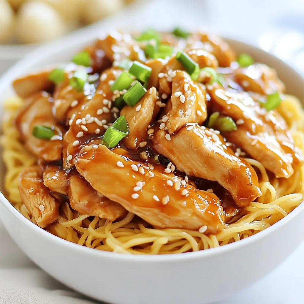 To make Sticky Garlic Chicken Noodles, you will need a few simple ingredients. Here’s what you need: - 2 boneless skinless chicken breasts, sliced thinly - 200g egg noodles - 3 tablespoons soy sauce - 2 tablespoons honey - 4 cloves garlic, minced - 1 tablespoon fresh ginger, minced - 1 tablespoon sesame oil - 2 green onions, chopped - 1 tablespoon rice vinegar - 1 tablespoon cornstarch (for thickening, optional) - Salt and pepper to taste - Sesame seeds for garnish These ingredients are easy to find. I love using fresh garlic and ginger. They add a great flavor. Make sure to get good quality soy sauce. It really makes a difference. If you want extra crunch, consider using cornstarch. It helps the chicken stay tender too. This dish is quick to make and perfect for busy nights. You can easily adjust the amounts to suit your taste. Get ready to enjoy a tasty meal! {{ingredient_image_1}} 1. Start by boiling a pot of salted water. 2. Once boiling, add the egg noodles. 3. Cook according to the package instructions until they are al dente. 4. Drain the noodles and set them aside. 1. Take your sliced chicken and place it in a mixing bowl. 2. Season the chicken with salt and pepper. 3. If you want extra crunch, add cornstarch to the mix. 1. In a large skillet, heat sesame oil over medium-high heat. 2. Add the seasoned chicken to the skillet. 3. Stir-fry the chicken for about 5 to 7 minutes. 4. Check that the chicken is golden brown and fully cooked. 5. Once done, remove the chicken from the pan and set aside. 1. In the same skillet, lower the heat to medium. 2. Add minced garlic and ginger to the pan. 3. Sauté for about 30 seconds until you smell their fragrance. 4. Pour in soy sauce, honey, and rice vinegar. 5. Stir and let it simmer for 2 to 3 minutes to thicken. 1. Return the chicken back to the skillet. 2. Stir everything together well. 3. Allow the mixture to simmer so the chicken absorbs the flavors. 1. Now, add the cooked noodles to the skillet. 2. Toss the noodles until they are well coated in the sauce. 3. Cook for another 2 to 3 minutes. 4. Remove from heat and stir in chopped green onions. 5. Serve hot and sprinkle sesame seeds on top for garnish. - Best cooking temperatures: Cook chicken on medium-high heat. This keeps it juicy and tender. - How to avoid dry chicken: Don’t overcook the chicken. Aim for 5-7 minutes until golden brown and cooked through. - Adding spice elements: For heat, add red pepper flakes or sriracha. This adds a nice kick. - Suggestions for additional veggies: Try bell peppers, broccoli, or snap peas. They add color and crunch. - Avoiding sticky noodles: Rinse noodles with cold water after cooking. This helps prevent sticking. - Timing for best results: Cook noodles until just al dente. This keeps them firm and prevents mushiness. Pro Tips Marinate for Extra Flavor: Consider marinating the chicken in soy sauce, honey, and garlic for at least 30 minutes before cooking. This enhances the flavor and tenderness of the meat. Use Fresh Ingredients: Fresh garlic and ginger will provide a more vibrant and aromatic flavor compared to pre-minced alternatives, making your dish more delicious. Adjust Thickness of Sauce: If you prefer a thicker sauce, mix the cornstarch with a bit of water to create a slurry before adding it to the skillet for a glossy finish. Garnish Creatively: Beyond sesame seeds, consider adding crushed peanuts or fresh cilantro as a garnish for added texture and flavor. {{image_2}} You can switch the chicken for other proteins. Tofu is a great choice for a plant-based meal. It absorbs flavors well and adds a nice texture. Just press the tofu to remove extra water, then cut it into cubes. Sauté it until golden before adding the sauce. You can also use shrimp or beef. Shrimp cooks quickly and adds a sweet taste. Beef offers a rich flavor. Slice it thinly for even cooking. To make this dish fully plant-based, swap out the chicken and use tofu or tempeh. You can also add lots of veggies. Bell peppers, carrots, or bok choy work well. Just stir-fry them until tender before adding the sauce. For a unique twist, consider using mushrooms. They add a umami flavor that complements the dish. You can easily change the flavor by adjusting the sauce. Use teriyaki sauce instead of soy sauce for a sweeter taste. If you like heat, add some chili paste or sriracha. Different noodles can also make a big difference. Try rice noodles for a gluten-free option, or udon for a chewy texture. Each choice gives the dish a new vibe. To keep your Sticky Garlic Chicken Noodles fresh, use airtight containers. Glass or plastic containers work well. Make sure they are sealed tight. Store your leftovers in the fridge for up to three days. If you want them to last longer, consider freezing them. When it's time to eat, the best method to reheat is using a skillet. Heat over medium heat. Add a splash of water or soy sauce to keep the noodles moist. Stir occasionally to avoid sticking. If you prefer, you can also use a microwave. Just cover the dish to trap steam and heat for one minute. Check and stir, then heat for another minute if needed. This keeps the noodles soft. Yes, you can freeze Sticky Garlic Chicken Noodles. First, let them cool to room temperature. Then place them in freezer-safe bags or containers. Squeeze out as much air as possible. They can last up to three months in the freezer. To thaw and reheat, move the noodles to the fridge for a few hours or overnight. You can also use a microwave. Heat on low power, stirring often. This helps to keep the noodles from getting mushy. Enjoy your meal even after a few weeks! To reheat Sticky Garlic Chicken Noodles, use a skillet. Heat it on medium. Add a splash of water or broth to keep the noodles moist. Stir the noodles for about 3-5 minutes until hot. This method helps maintain flavor and texture. Yes, you can make Sticky Garlic Chicken Noodles ahead of time. Prepare the dish, then let it cool. Store it in an airtight container in the fridge. It stays fresh for about 3 days. Just reheat it when you’re ready to eat. To spice up the sauce, add crushed red pepper flakes or sriracha. Start small and taste as you go. You can also add fresh chili peppers for a kick. This gives a nice heat without losing the dish's flavor. You can use many types of noodles. Egg noodles work best for this dish. However, you can also try rice noodles, udon, or even whole wheat noodles. Just adjust the cooking time based on the noodle type. This recipe is not gluten-free due to soy sauce. However, you can use gluten-free soy sauce or tamari as a substitute. Make sure your noodles are also gluten-free. This way, you can enjoy a tasty gluten-free meal. In this blog post, I shared a tasty recipe for Sticky Garlic Chicken Noodles. You learned about the key ingredients and step-by-step instructions for cooking. I provided tips for perfecting chicken texture, enhancing flavors, and offered variations to suit different tastes. Storing leftovers and reheating methods ensure you enjoy it later. Cooking can be fun and easy, and this recipe is a great place to start. Enjoy making your own version of this dish and impressing your friends and family with your skills!
