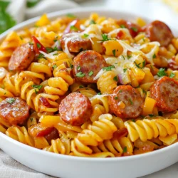- 8 ounces rotini pasta - 2 tablespoons olive oil - 1 pound smoked chicken sausage, sliced - 1 bell pepper, diced (any color) - 1 small red onion, chopped - 2 cloves garlic, minced - 1 cup BBQ sauce (preferably honey-flavored) - 1 tablespoon apple cider vinegar - 1 teaspoon smoked paprika - ½ teaspoon black pepper - 1 cup corn kernels (fresh, frozen, or canned) - ½ cup shredded cheese (cheddar or Monterey Jack) - Fresh parsley, chopped (for garnish) - Additional vegetables like zucchini or spinach - Hot sauce for some heat - Different types of cheese, like pepper jack - Chopped green onions for garnish - Large skillet for cooking - Pot for boiling pasta - Cutting board for chopping - Sharp knife for slicing and dicing - Measuring cups and spoons for accuracy - Wooden spoon for mixing Gathering these ingredients and tools makes cooking much easier. You can swap in options you like for a personal touch. Feel free to adjust this list based on what you have at home. {{ingredient_image_1}} To cook the rotini pasta, start by boiling water in a large pot. Add a pinch of salt to the water. Once the water boils, add 8 ounces of rotini pasta. Cook it according to the package instructions until it's al dente. This means it should be firm but not hard. After cooking, drain the pasta and set it aside. This step keeps your pasta ready for the delicious mix ahead. In a large skillet, heat 2 tablespoons of olive oil over medium heat. Once hot, add 1 pound of sliced smoked chicken sausage. Sauté the sausage for about 5 to 7 minutes. You want it to be browned and heated through. Next, add 1 diced bell pepper and 1 chopped small red onion to the skillet. Cook these for 3 to 4 minutes until the vegetables are tender. Then, stir in 2 cloves of minced garlic and cook for 1 more minute. Be careful not to burn the garlic. In a small bowl, mix together 1 cup of BBQ sauce, 1 tablespoon of apple cider vinegar, 1 teaspoon of smoked paprika, and ½ teaspoon of black pepper. This combo gives your pasta a sweet and tangy flavor. Pour this sauce over the sausage and vegetables in the skillet. Finally, add the cooked rotini pasta and 1 cup of corn kernels to the skillet. Toss everything together gently. Make sure the pasta is well-coated with the sauce and heated through for about 2 to 3 minutes. To get your pasta just right, cook the rotini until al dente. This means it should be firm but not hard. Follow the package instructions closely. After cooking, drain the pasta well. You can toss it with a bit of olive oil to keep it from sticking. Spices can really boost the taste of your dish. I love using smoked paprika in this recipe. It adds a nice depth. Black pepper gives a gentle kick. If you want more heat, try adding cayenne or crushed red pepper flakes. These spices work well with the sweet BBQ sauce. For the best cheese melt, sprinkle it on the pasta right after you take the skillet off the heat. Cover the skillet for about a minute. This traps the steam and helps the cheese melt evenly. Cheddar or Monterey Jack are great choices because they melt beautifully. Pro Tips Cook Pasta Al Dente: Make sure to cook the rotini pasta until just al dente for the best texture. It will continue to cook slightly when mixed with the sauce. Customize Your Veggies: Feel free to add your favorite vegetables or whatever you have on hand. Zucchini, mushrooms, or spinach would work beautifully! Choose Quality BBQ Sauce: The flavor of your BBQ sauce will greatly impact the dish. Opt for a high-quality honey-flavored sauce for a sweet and smoky taste. Garnish for Freshness: Don’t skip the fresh parsley! It adds a pop of color and a fresh flavor that balances the richness of the dish. {{image_2}} You can easily switch the sausage type in this dish. Try turkey sausage for a leaner meal. If you prefer pork, that works too! Spicy sausage adds a kick. Choose what fits your taste best. Each type gives a different flavor, keeping it exciting. For a meat-free meal, use plant-based sausage. This keeps the texture and flavor similar. You can also skip the sausage entirely and add more veggies. Chickpeas or lentils are great protein sources. They make the dish filling and nutritious. Feel free to mix in your favorite veggies. Zucchini, spinach, or mushrooms work well. You can also use frozen mixed veggies for convenience. Just make sure to cook them until tender. This allows you to create a unique version every time! To store leftovers, let the pasta cool first. Place it in an airtight container. Make sure to cover it well to keep it fresh. Store it in the fridge for up to three days. If you want to keep it longer, freezing is a great option. When you’re ready to eat, you can reheat the pasta. Use the microwave or a skillet. If using a microwave, cover it to keep moisture in. Heat it for about 1-2 minutes, stirring halfway. In a skillet, add a splash of water and heat over low heat. This keeps it from drying out. To freeze, portion the pasta in freezer bags. Make sure to remove as much air as possible. Label the bags with the date. The pasta can last up to three months in the freezer. When you’re ready to eat, thaw it overnight in the fridge. Then, reheat it as mentioned. Enjoy your tasty meal! Yes, you can use regular BBQ sauce. The flavor will differ. Honey BBQ sauce adds sweetness. If you prefer less sweetness, regular BBQ works well. Just adjust your spices to balance the taste. You can use penne, fusilli, or even spaghetti. Each type changes the texture slightly. Choose what you have on hand. Gluten-free pasta is a great option too. Absolutely! This dish is perfect for meal prep. It stores well in the fridge. Just keep it in an airtight container. Reheat portions in the microwave for quick meals. To make it spicier, add crushed red pepper flakes. You can also use a spicy BBQ sauce. For more heat, include jalapeños or hot sauce. Adjust to your taste for the perfect kick! In this post, we explored the key ingredients, steps, and tips for a delicious dish. You learned how to cook the pasta, sauté sausage, and make the honey BBQ sauce. I shared options for variations and storage to fit your needs. Cooking can be fun and rewarding, so try these tips. Enjoy making your dish perfect each time. Happy cooking!