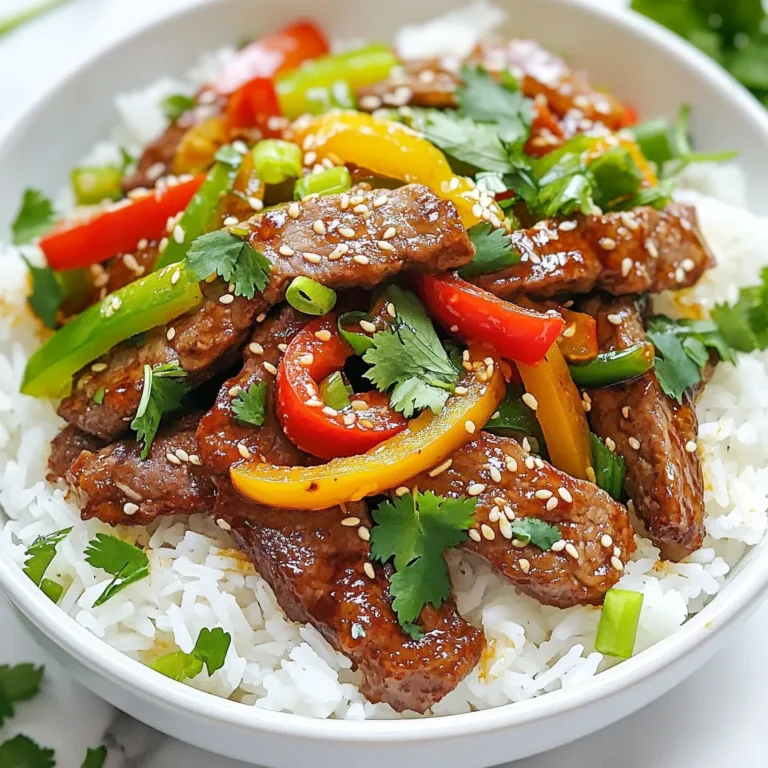 To make Crispy Chilli Beef Rice, you need a few key ingredients. Each one adds flavor and texture to the dish. - Beef sirloin: 200g, thinly sliced. This cut cooks well and stays tender. - Jasmine rice: 1 cup. It has a nice fragrance and fluffy texture. - Sauces and oils: - 2 tablespoons soy sauce for umami. - 1 tablespoon cornstarch for crunch. - 1 tablespoon vegetable oil for frying. - 1 tablespoon sesame oil for flavor at the end. - Vegetables: - 1 red bell pepper, sliced for sweetness. - 1 green bell pepper, sliced for color. - 2 cloves garlic, minced for aroma. - 1 tablespoon ginger, minced for warmth. - Seasoning: - 1 tablespoon chili paste (adjust to your spice level). - Salt and pepper to taste for balance. - Garnish: Fresh cilantro leaves and chopped spring onions add freshness. These ingredients come together to create a dish that is both vibrant and satisfying. {{ingredient_image_1}} To start, you need to marinate the beef. In a bowl, mix soy sauce, cornstarch, and a pinch of salt and pepper. Add the thinly sliced beef and make sure it is well coated. Let it sit for at least 30 minutes. This step helps the meat soak up flavor and stay tender. While the beef marinates, cook your jasmine rice. Follow the package instructions carefully. Typically, you will need to rinse the rice first and then boil it with water. Once done, set it aside and keep it warm. Fluffy rice will be a perfect base for the crispy beef. Now it’s time to fry the beef. Heat vegetable oil in a large skillet or wok over high heat. Add the marinated beef in a single layer. Fry it for about 3-4 minutes until it turns crispy and brown. Once it is ready, remove it from the skillet and set it aside. In the same skillet, add minced garlic and ginger. Sauté them for about 30 seconds until they smell great. Next, toss in the sliced red and green bell peppers. Stir-fry for 2-3 minutes until they soften slightly. This adds a fresh crunch and color to your dish. Now, it’s time to bring it all together. Add the crispy beef back into the skillet. Stir in the chili paste and mix everything well for about 2 minutes. Finally, drizzle sesame oil over the mixture and toss to combine. This step adds depth and richness to the flavors. To serve, place the crispy chili beef over a bed of jasmine rice. Garnish with chopped spring onions and fresh cilantro leaves. This not only makes the dish look beautiful but also adds more flavor. Enjoy your meal! To get beef that is crispy, start with thin slices. I use beef sirloin because it cooks fast and stays tender. Marinate the beef for at least 30 minutes. This helps the cornstarch stick better. When frying, make sure the oil is hot. Place the beef in a single layer in the pan. Avoid crowding it, as this can cause steaming instead of frying. Fry for about 3-4 minutes until it turns brown and crispy. For the vegetables, cut them into even pieces. This way, they cook at the same pace. I always add garlic and ginger first. They add a great flavor. Stir-fry the bell peppers until they are just tender. This usually takes 2-3 minutes on high heat. Keep them bright and colorful for a nice look. You can also add other veggies like broccoli or snap peas if you like. To control the heat, adjust the chili paste. If you prefer mild, start with half a tablespoon. You can always add more later if you want it spicier. Taste as you cook, and don’t be shy to tweak the spice. If you add too much, a little sugar can help balance it out. Fresh cilantro also cools the heat, so don’t skip that garnish! Pro Tips Marinate for Maximum Flavor: Allowing the beef to marinate for at least 30 minutes helps to enhance its flavor and tenderness. High Heat is Key: Cooking the beef and vegetables over high heat ensures they become crispy and caramelized without steaming. Customize Your Heat Level: Adjust the amount of chili paste to suit your taste preference; start with a small amount and add more if needed. Garnish for Freshness: Adding fresh cilantro and spring onions just before serving brightens the dish and adds a burst of freshness. {{image_2}} You can switch the beef for chicken or pork. Use the same marinade. Thinly slice it for quick cooking. You could also try shrimp for a seafood twist. Each protein adds a new flavor and texture. Just make sure to adjust cooking times as needed. To make this dish vegetarian, use tofu or tempeh. Press and cube the tofu for the best texture. Marinate it in the same sauce as the beef. Then, fry it until golden. You can also add more veggies, like broccoli or snap peas, for added nutrition. While jasmine rice is a classic choice, you have many options. Brown rice gives a nutty flavor and is healthier. Quinoa is another great option for a protein boost. You can even use cauliflower rice for a low-carb alternative. Each rice type changes the dish's texture and flavor. Store any leftovers in an airtight container. This keeps the beef and rice fresh. You can refrigerate them for up to three days. Make sure to let the food cool down before sealing it. This avoids extra moisture. When ready to eat, reheat the rice and beef together. Use a microwave or a skillet. For the microwave, heat for one minute, then stir. Check if it is warm all the way through. In a skillet, add a splash of water. Cover and heat on low for about five minutes. This keeps the beef from drying out. You can freeze crispy chili beef rice for up to a month. Place it in a freezer-safe container. Make sure to label it with the date. To thaw, move it to the fridge overnight. You can also use a microwave for quick thawing. Reheat as explained above for the best taste. Crispy Chilli Beef Rice is a tasty dish made with beef, rice, and vegetables. The beef gets crispy from frying, while the rice is soft and fluffy. I use bell peppers and green onions for color and crunch. The dish has a nice kick from chili paste, making it a flavorful meal. It’s easy to make and perfect for a weeknight dinner. Yes, you can prepare parts of this dish a day ahead. Marinate the beef and cook the rice in advance. Store them separately in the fridge. When you’re ready to eat, just fry the beef and mix it with the veggies. This method saves time and keeps the beef crispy. The spice level depends on the chili paste you use. You can adjust it to your liking. If you want it mild, use less chili paste. For a spicier kick, add more. I like to taste as I go to find the perfect balance for my palate. Crispy Chilli Beef Rice is great on its own. However, you can serve it with a simple salad or steamed veggies for extra nutrition. You could also add some spring rolls or dumplings for a fun meal. Enjoy your meal with a drink like iced tea or sparkling water for a refreshing finish. This blog post covered the key ingredients for Crispy Chilli Beef Rice. We shared step-by-step instructions, useful cooking tips, and variations to suit different tastes. You can enjoy leftovers through proper storage and reheating methods. Crispy Chilli Beef Rice is a fun dish. You can make it your own. Explore different proteins or veggies to create new flavors. Happy cooking!