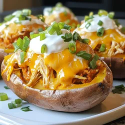 To make Buffalo Chicken Stuffed Sweet Potatoes, gather these simple ingredients: - 4 medium sweet potatoes - 2 cups cooked chicken, shredded - 1/2 cup buffalo sauce - 1/2 cup Greek yogurt - 1/2 cup shredded cheddar cheese - 1/4 cup chopped green onions - Salt and pepper to taste - Optional garnish: Fresh cilantro These ingredients create a tasty mix of flavors. The sweet potatoes give you a soft base. The chicken adds protein and spice from the buffalo sauce. Greek yogurt cools it down, while cheese brings creaminess. Green onions add a fresh crunch. If you want, cilantro makes a nice touch on top. You can adjust the buffalo sauce for the heat level you like. This meal is fun and easy to make! {{ingredient_image_1}} - Preheat the oven to 400°F (200°C). - Wash the sweet potatoes thoroughly. Pierce them several times with a fork. - Bake sweet potatoes for 45-60 minutes, until tender. - In a bowl, combine shredded chicken with buffalo sauce. Mix until the chicken is well coated. - Once baked, remove sweet potatoes from the oven. Let them cool a bit. - Slice each sweet potato lengthwise. Gently mash some of the flesh with a fork. - Spoon the buffalo chicken mixture into each sweet potato. Fill generously. - Top with a dollop of Greek yogurt, shredded cheddar cheese, and green onions. - Return the stuffed sweet potatoes to the oven. Bake for an additional 10 minutes. - Remove from the oven and garnish with fresh cilantro if desired. - Ensure sweet potatoes are fully cooked. They should be soft and easy to pierce. - Adjust buffalo sauce to taste. Start with 1/2 cup and add more if you like heat. - Serve the stuffed sweet potatoes on a colorful platter. It makes the dish pop! - Pair with a simple salad or crunchy veggies for a complete meal. - Each stuffed sweet potato has about 400 calories. - They provide protein from chicken, fiber from sweet potatoes, and healthy fats from yogurt. Pro Tips Choose the Right Sweet Potatoes: Opt for medium-sized sweet potatoes that are firm and have smooth skin for the best texture and flavor. Customize Your Heat Level: Adjust the amount of buffalo sauce based on your taste preference; add more for extra heat or use a milder sauce for a gentle kick. Keep Them Warm: If preparing in batches, keep the stuffed sweet potatoes warm in a low oven until ready to serve to maintain their deliciousness. Experiment with Toppings: Feel free to get creative with toppings such as crumbled blue cheese, diced avocado, or a squeeze of lime for added flavor. {{image_2}} For buffalo sauce, you can use hot sauce mixed with melted butter. This gives you a similar taste but allows you to control the heat. If you want a milder flavor, try using barbecue sauce or a sweet chili sauce. When it comes to cheese, shredded mozzarella works well and melts nicely. You can also use pepper jack for a spicy kick. If you prefer no cheese, try using a vegan cheese for a dairy-free option. Adding spices and herbs can boost the flavor of your stuffed sweet potatoes. Consider using garlic powder, smoked paprika, or even cayenne pepper for extra heat. Chopped fresh herbs like cilantro or parsley can add freshness and brightness to the dish. For toppings, think outside the box! Crumbled bacon, diced avocado, or even jalapeños can enhance the taste. You can also add a squeeze of lime or a drizzle of ranch dressing for a tangy finish. To make this dish gluten-free, just check your buffalo sauce label to ensure it’s gluten-free. Most brands are, but some may have gluten. For a dairy-free option, swap the Greek yogurt for a dairy-free yogurt or avocado. You can also omit the cheese or use a plant-based cheese. These changes keep the meal tasty while meeting dietary needs. To keep your stuffed sweet potatoes fresh, place them in an airtight container. You should refrigerate them right away. They will stay good for about 3 to 4 days. If you want to enjoy them later, it’s best to store them without the toppings. This will help keep the flavors fresh. When reheating, you want to keep them moist. The best way is to use the oven. Preheat it to 350°F (175°C). Place the stuffed sweet potatoes on a baking sheet. Cover them with foil to keep them from drying out. Heat for about 15 to 20 minutes. You can also use the microwave, but be careful. Heat them in short bursts to avoid drying them out. You can freeze stuffed sweet potatoes for later meals. First, let them cool completely. Then, wrap each one tightly in plastic wrap. After that, place them in a freezer bag. They will keep for about 2 to 3 months. When you want to eat them, thaw them in the fridge overnight before reheating. This ensures they taste great when you serve them! You can use sour cream as a swap. Plain yogurt or cottage cheese works too. These options keep the creaminess in your dish. No, you should use cooked chicken. Raw chicken needs longer cooking times. It won't mix well with the sweet potatoes either. The spice level depends on the buffalo sauce. You can adjust the amount to fit your taste. Start with less if you prefer milder flavors. Yes, you can prepare the sweet potatoes and chicken mix. Store them separately in the fridge. Just stuff and bake when you're ready to eat. Reheat in the oven at 350°F for about 15-20 minutes. This keeps the sweet potatoes soft and the filling warm. You can also use the microwave but it may dry them out. This recipe for buffalo chicken stuffed sweet potatoes is not just tasty but simple. You learned how to prepare and bake the sweet potatoes, mix them with chicken, and add tasty toppings. I shared helpful tips, variations for even more flavor, and storage ideas to keep your leftovers fresh. Enjoy this dish any night of the week. It’s packed with flavor, nutrition, and fun. Give it a try; your taste buds will thank you!