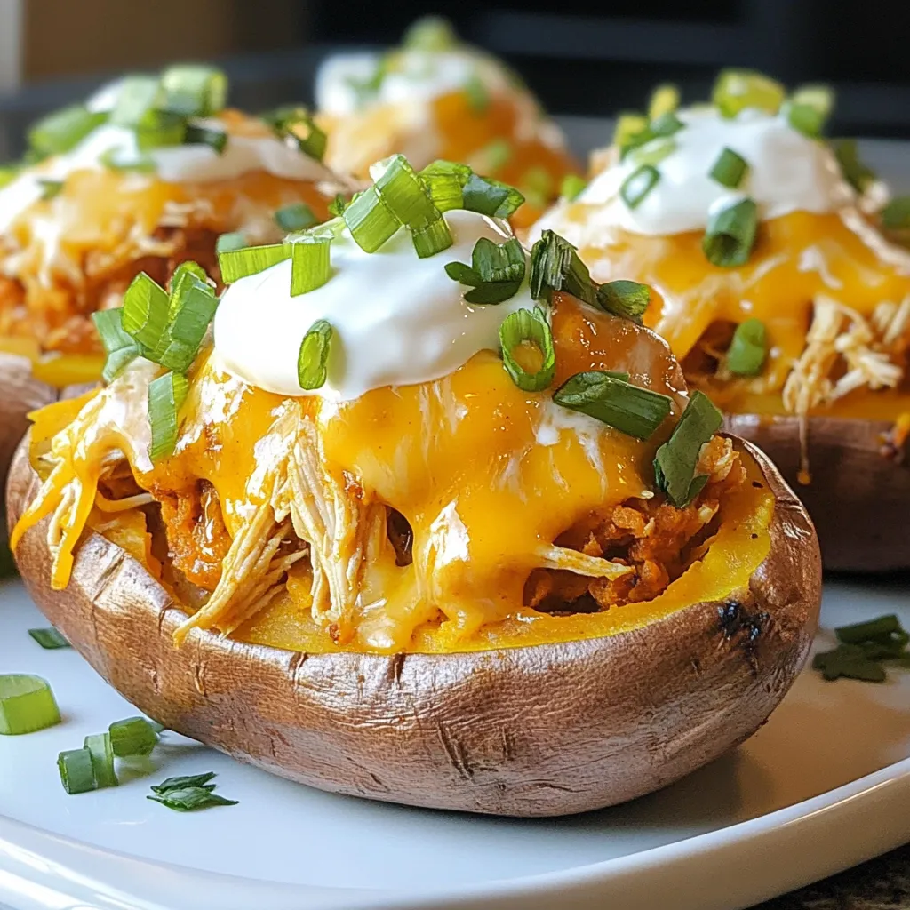 To make Buffalo Chicken Stuffed Sweet Potatoes, gather these simple ingredients: - 4 medium sweet potatoes - 2 cups cooked chicken, shredded - 1/2 cup buffalo sauce - 1/2 cup Greek yogurt - 1/2 cup shredded cheddar cheese - 1/4 cup chopped green onions - Salt and pepper to taste - Optional garnish: Fresh cilantro These ingredients create a tasty mix of flavors. The sweet potatoes give you a soft base. The chicken adds protein and spice from the buffalo sauce. Greek yogurt cools it down, while cheese brings creaminess. Green onions add a fresh crunch. If you want, cilantro makes a nice touch on top. You can adjust the buffalo sauce for the heat level you like. This meal is fun and easy to make! {{ingredient_image_1}} - Preheat the oven to 400°F (200°C). - Wash the sweet potatoes thoroughly. Pierce them several times with a fork. - Bake sweet potatoes for 45-60 minutes, until tender. - In a bowl, combine shredded chicken with buffalo sauce. Mix until the chicken is well coated. - Once baked, remove sweet potatoes from the oven. Let them cool a bit. - Slice each sweet potato lengthwise. Gently mash some of the flesh with a fork. - Spoon the buffalo chicken mixture into each sweet potato. Fill generously. - Top with a dollop of Greek yogurt, shredded cheddar cheese, and green onions. - Return the stuffed sweet potatoes to the oven. Bake for an additional 10 minutes. - Remove from the oven and garnish with fresh cilantro if desired. - Ensure sweet potatoes are fully cooked. They should be soft and easy to pierce. - Adjust buffalo sauce to taste. Start with 1/2 cup and add more if you like heat. - Serve the stuffed sweet potatoes on a colorful platter. It makes the dish pop! - Pair with a simple salad or crunchy veggies for a complete meal. - Each stuffed sweet potato has about 400 calories. - They provide protein from chicken, fiber from sweet potatoes, and healthy fats from yogurt. Pro Tips Choose the Right Sweet Potatoes: Opt for medium-sized sweet potatoes that are firm and have smooth skin for the best texture and flavor. Customize Your Heat Level: Adjust the amount of buffalo sauce based on your taste preference; add more for extra heat or use a milder sauce for a gentle kick. Keep Them Warm: If preparing in batches, keep the stuffed sweet potatoes warm in a low oven until ready to serve to maintain their deliciousness. Experiment with Toppings: Feel free to get creative with toppings such as crumbled blue cheese, diced avocado, or a squeeze of lime for added flavor. {{image_2}} For buffalo sauce, you can use hot sauce mixed with melted butter. This gives you a similar taste but allows you to control the heat. If you want a milder flavor, try using barbecue sauce or a sweet chili sauce. When it comes to cheese, shredded mozzarella works well and melts nicely. You can also use pepper jack for a spicy kick. If you prefer no cheese, try using a vegan cheese for a dairy-free option. Adding spices and herbs can boost the flavor of your stuffed sweet potatoes. Consider using garlic powder, smoked paprika, or even cayenne pepper for extra heat. Chopped fresh herbs like cilantro or parsley can add freshness and brightness to the dish. For toppings, think outside the box! Crumbled bacon, diced avocado, or even jalapeños can enhance the taste. You can also add a squeeze of lime or a drizzle of ranch dressing for a tangy finish. To make this dish gluten-free, just check your buffalo sauce label to ensure it’s gluten-free. Most brands are, but some may have gluten. For a dairy-free option, swap the Greek yogurt for a dairy-free yogurt or avocado. You can also omit the cheese or use a plant-based cheese. These changes keep the meal tasty while meeting dietary needs. To keep your stuffed sweet potatoes fresh, place them in an airtight container. You should refrigerate them right away. They will stay good for about 3 to 4 days. If you want to enjoy them later, it’s best to store them without the toppings. This will help keep the flavors fresh. When reheating, you want to keep them moist. The best way is to use the oven. Preheat it to 350°F (175°C). Place the stuffed sweet potatoes on a baking sheet. Cover them with foil to keep them from drying out. Heat for about 15 to 20 minutes. You can also use the microwave, but be careful. Heat them in short bursts to avoid drying them out. You can freeze stuffed sweet potatoes for later meals. First, let them cool completely. Then, wrap each one tightly in plastic wrap. After that, place them in a freezer bag. They will keep for about 2 to 3 months. When you want to eat them, thaw them in the fridge overnight before reheating. This ensures they taste great when you serve them! You can use sour cream as a swap. Plain yogurt or cottage cheese works too. These options keep the creaminess in your dish. No, you should use cooked chicken. Raw chicken needs longer cooking times. It won't mix well with the sweet potatoes either. The spice level depends on the buffalo sauce. You can adjust the amount to fit your taste. Start with less if you prefer milder flavors. Yes, you can prepare the sweet potatoes and chicken mix. Store them separately in the fridge. Just stuff and bake when you're ready to eat. Reheat in the oven at 350°F for about 15-20 minutes. This keeps the sweet potatoes soft and the filling warm. You can also use the microwave but it may dry them out. This recipe for buffalo chicken stuffed sweet potatoes is not just tasty but simple. You learned how to prepare and bake the sweet potatoes, mix them with chicken, and add tasty toppings. I shared helpful tips, variations for even more flavor, and storage ideas to keep your leftovers fresh. Enjoy this dish any night of the week. It’s packed with flavor, nutrition, and fun. Give it a try; your taste buds will thank you!