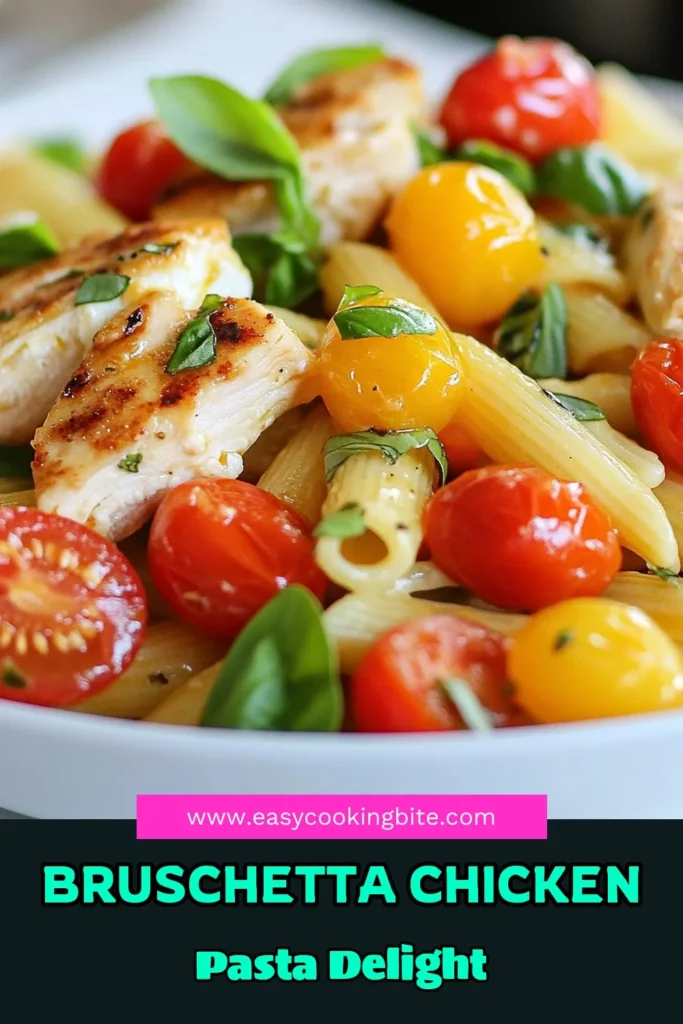 Looking for a delicious and healthy dinner idea? Try this Bruschetta Chicken Pasta recipe! Packed with juicy chicken, fresh cherry tomatoes, and aromatic basil, this easy one-pot chicken pasta dish is perfect for a weeknight meal. It's one of the best chicken and tomato pasta dishes you'll ever make. Don't miss out—save this healthy Italian recipe for quick and tasty dinner inspiration! #BruschettaChickenPasta #EasyPastaDishes #HealthyItalianRecipes #OnePotChickenPasta