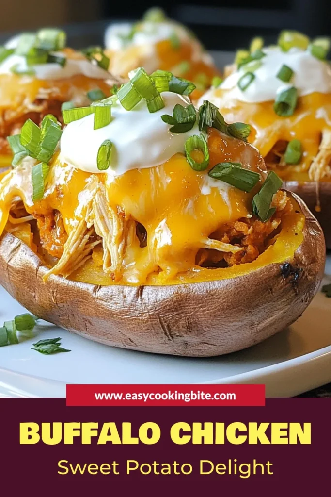 Discover the perfect harmony of flavors with these Buffalo Chicken Stuffed Sweet Potatoes! This healthy stuffed sweet potatoes recipe is not only simple but also an easy buffalo chicken recipe that will impress your family. Baked sweet potatoes offer a nutritious twist, while Greek yogurt topping ideas add a creamy finish. Save this delicious dish for a satisfying meal anytime! #BuffaloChicken #StuffedSweetPotatoes #HealthyEating #EasyRecipes
