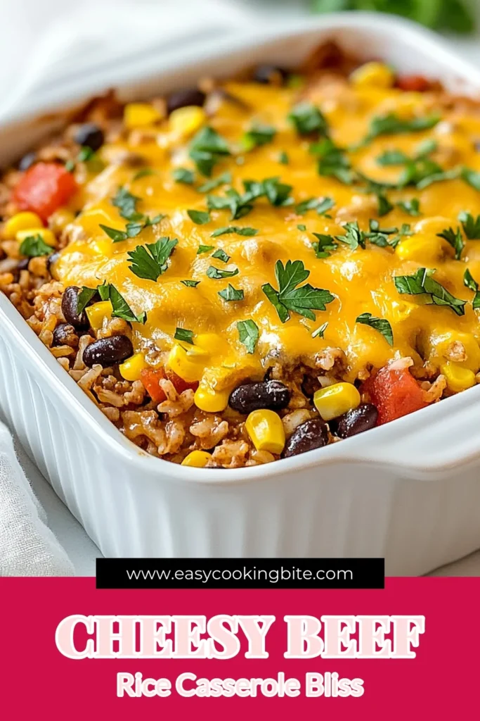 Try this Cheesy Ground Beef Rice Casserole for an easy dinner that your family will love! This beef and rice casserole recipe combines ground beef, rice, black beans, and cheesy goodness in one dish. Ready in just 50 minutes, it’s the perfect quick meal for busy nights. Don’t miss out on this flavorful and comforting cheesy rice casserole. Save the recipe now! #CheesyCasserole #EasyDinner #GroundBeefRecipes #ComfortFood