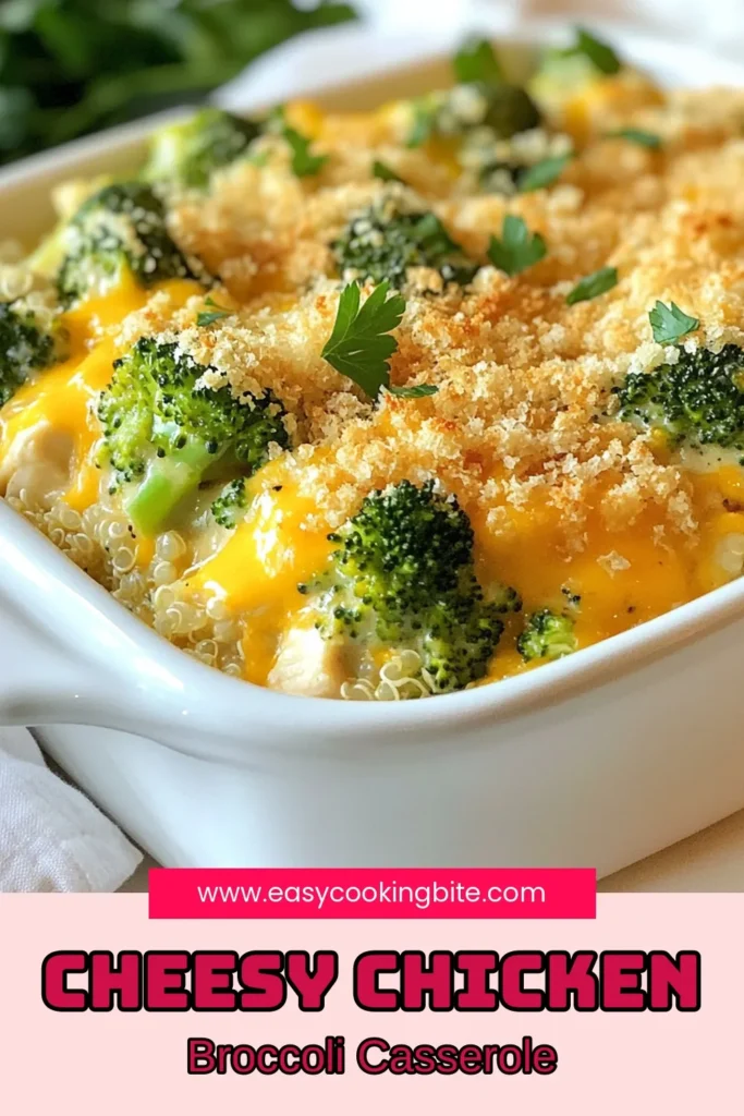 Looking for a delicious dinner idea? Try this Cheesy Chicken Broccoli Casserole! This easy chicken broccoli dish combines shredded chicken, fresh broccoli, and quinoa for a healthy twist. With creamy textures and a crunchy topping, it’s perfect for family dinners! Don’t miss out on this broccoli cheddar recipe that everyone will love. Save it to your boards and give it a go! #CheesyChickenCasserole #BroccoliCheddar #EasyChickenDinner #CasseroleLove