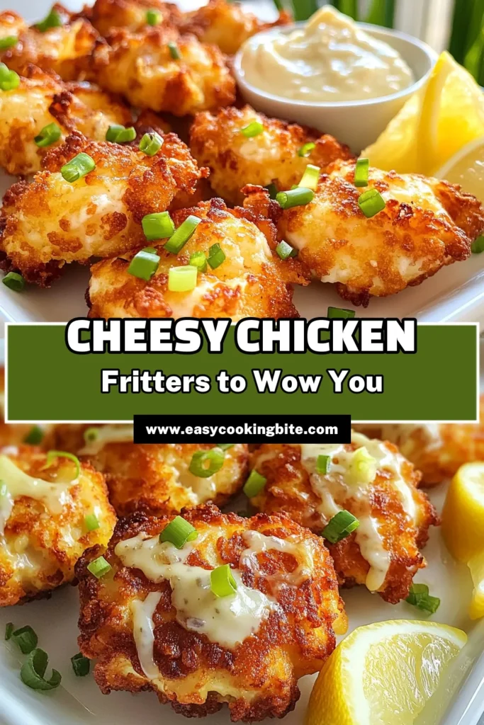 Indulge in these delicious Cheesy Chicken Fritters with Garlic Aioli, the perfect easy chicken appetizer for any gathering! Made with shredded chicken and a blend of mozzarella and Parmesan cheese, these crispy chicken fritters are sure to impress. Pair them with a simple garlic aioli recipe for the ideal dipping sauce. Save this recipe for a tasty treat that your guests will love! #CheesyChickenFritters #GarlicAioliRecipe #EasyChickenAppetizer #CrispyChickenFritters