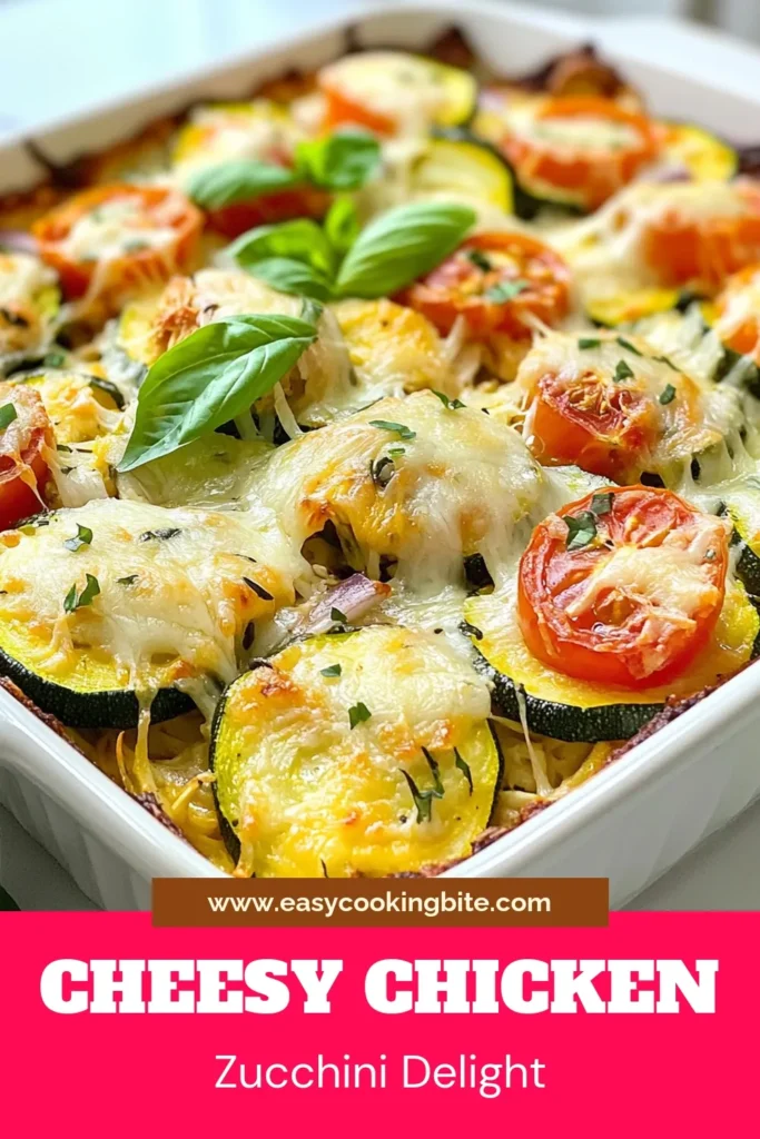 Discover the delightful Cheesy Chicken Zucchini Bake, an easy chicken casserole recipe that’s perfect for a low carb diet. This healthy chicken dinner recipe features tender chicken, fresh zucchini, and gooey mozzarella cheese for a comforting meal. Perfect for busy weeknights, enjoy this delicious mozzarella chicken bake with your family. Try it today and save for later! #ChickenZucchiniBake #LowCarbRecipe #HealthyDinner #CasseroleRecipe