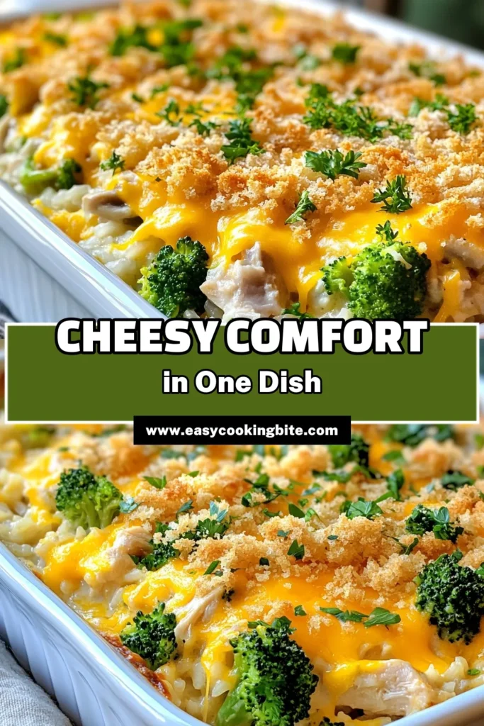 Indulge in this delicious Cheesy Chicken Rice Casserole, a perfect dish for any family meal. Easy casserole recipes don’t get better than this! Packed with chicken, broccoli, and lots of cheddar cheese, it's the ultimate comfort food casserole. Ideal for busy weeknights, this Broccoli Chicken Casserole combines creamy flavors and crunchy toppings. Save this recipe to make mealtime effortless! #CasseroleRecipes #ComfortFood #EasyDinner #CheesyCasserole