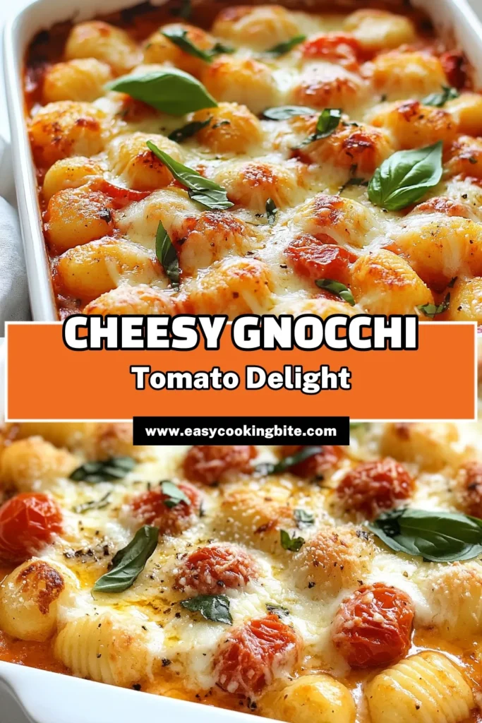 Discover the ultimate easy gnocchi recipe with this delicious tomato bake recipe. Perfect for busy weeknights, this baked gnocchi with tomatoes is topped with gooey mozzarella cheese, making it an irresistible quick dinner idea. In just 30 minutes, you can enjoy a comforting meal that the whole family will love. Save this easy gnocchi and tomato bake for your next dinner night! #GnocchiRecipe #TomatoBake #DinnerIdeas #BakedPasta