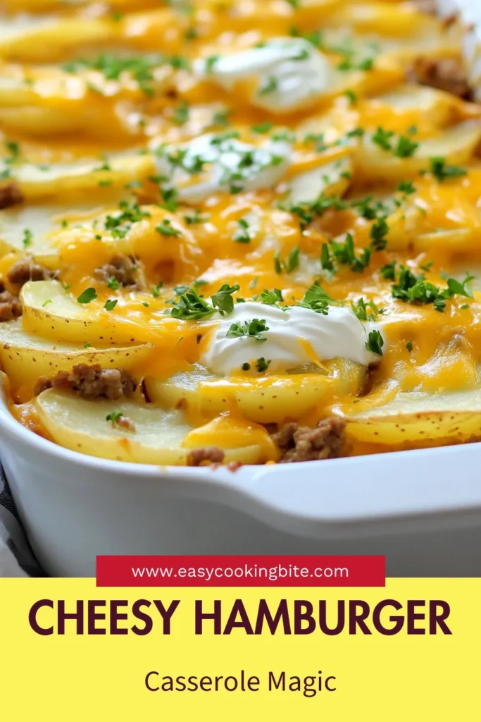 Satisfy your cravings with this Cheesy Hamburger Casserole, featuring a delicious blend of ground beef, tender potatoes, and creamy cheddar cheese. This easy potato casserole recipe is perfect for a quick family dinner and sure to impress. Layered to perfection and baked to golden bliss, it’s a must-try for your weeknight meals. Save this Ground Beef Casserole for a comforting dish everyone will love! #CheesyCasserole #PotatoCasserole #EasyDinner #ComfortFood