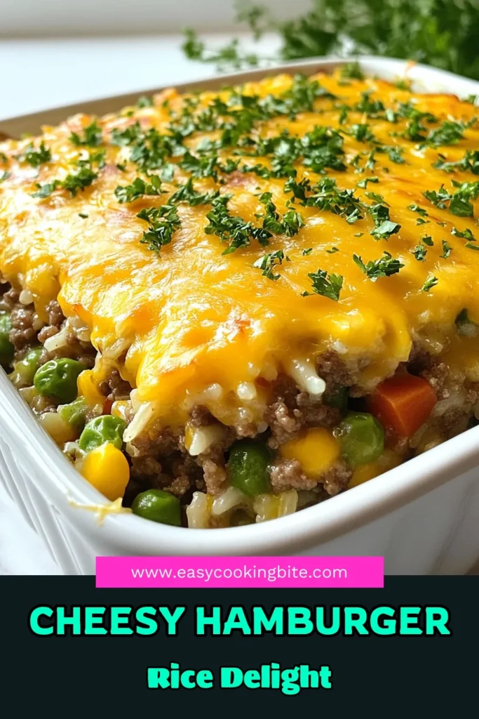 Discover the deliciousness of Cheesy Hamburger Rice Casserole! This easy ground beef recipe is a perfect one-pan casserole dinner that your family will love. Packed with ground beef, cheddar cheese, and mixed veggies, it's a family-friendly casserole recipe that's ready in under an hour. Ideal for busy weeknights, this Cheddar Cheese Rice Bake will soon be a staple on your dinner table. Try it today and save this recipe for later! #CasseroleRecipes #EasyDinner #GroundBeef #FamilyMeals