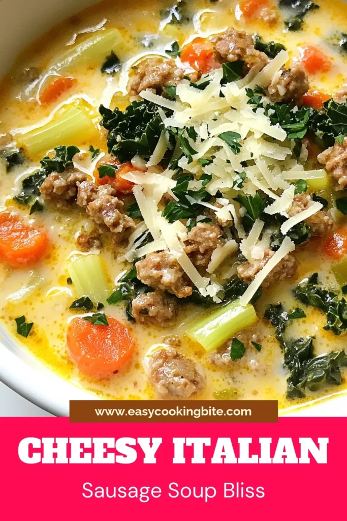 Warm up with this Cheesy Italian sausage soup – a creamy sausage soup that's perfect for any occasion! Packed with robust flavors and hearty vegetables, this easy soup recipe is a must-try for fans of Italian sausage recipes. With just a few simple ingredients, you can create a comforting bowl that your family will love. Save this recipe for your next cozy night in! #ItalianSausageRecipes #CheesyItalianSausageSoup #EasySoupRecipes #HeartyItalianSoup