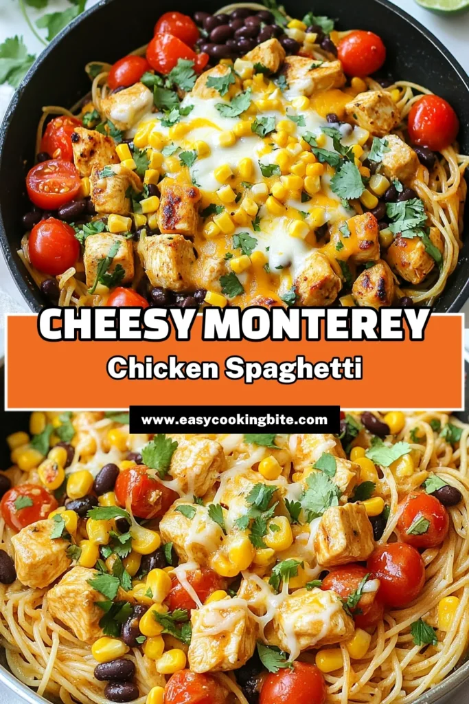 Discover the deliciousness of Monterey Chicken Spaghetti, an easy chicken pasta recipe that's perfect for busy nights! This one-pot chicken spaghetti combines tender chicken, fresh veggies, and creamy Monterey Jack cheese for a cheesy chicken spaghetti delight. In just 30 minutes, you can enjoy this quick spaghetti meal. Ready to savor this flavorful dish? Save this recipe for your next dinner! #MontereyChickenSpaghetti #EasyChickenPasta #OnePotMeals #QuickDinnerIdeas
