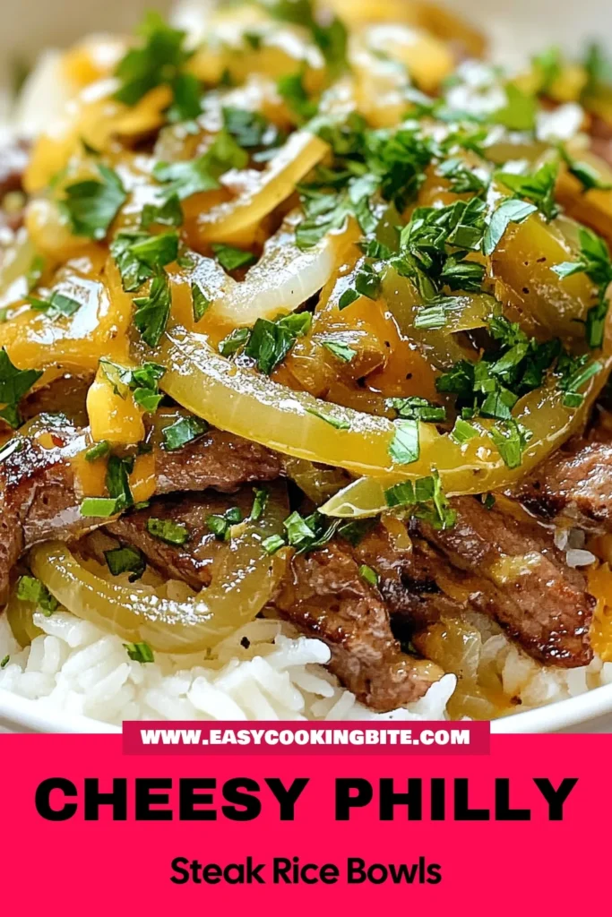 Indulge in these delicious Philly cheesesteak rice bowls, featuring tender ribeye steak, sautéed veggies, and melted provolone cheese. This easy dinner recipe combines cheesy goodness and savory flavors, perfect for a quick weeknight meal. Simple to prepare and absolutely satisfying, this ribeye steak recipe will please the whole family. Try these cheesy rice bowl recipes tonight! Save this for later! #PhillyCheesesteak #EasyDinnerRecipes #QuickMeals #RibeyeSteakRecipe