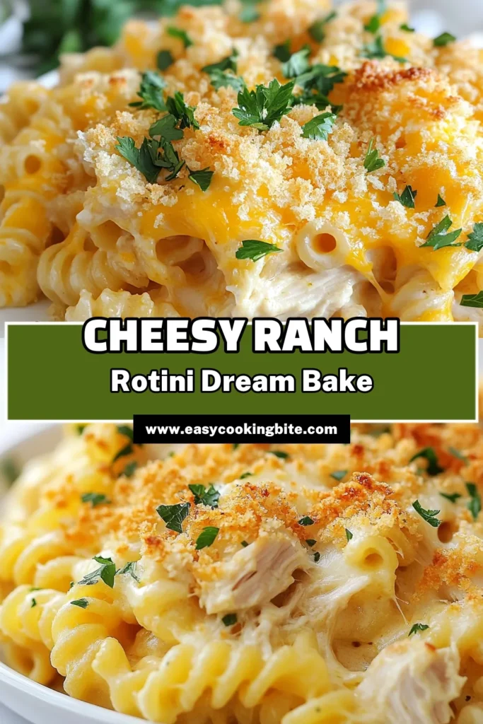Indulge in the creamy and delicious Cheesy Ranch Rotini Bake, the ultimate comfort food recipe for your family! This easy ranch chicken casserole features rotini pasta, savory ranch dressing, and loads of melted cheese. Perfect for weeknight dinners, it's one of the best cheesy baked pasta dishes you'll ever make. Discover the full recipe and impress everyone at your next gathering! Save this for your meal planning! #CheesyRanchRotiniBake #RotiniPastaRecipes #ComfortFoodRecipes #EasyRanchChickenCasserole