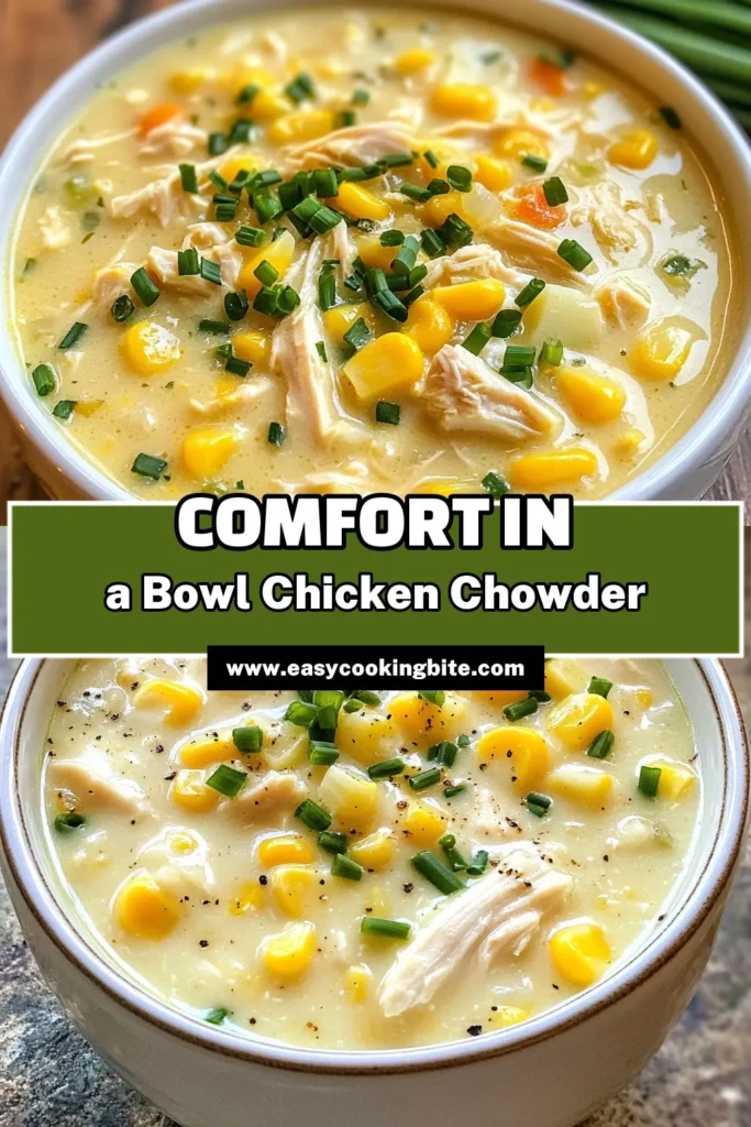 Indulge in this comforting Crockpot Chicken Corn Chowder, the perfect hearty meal for busy days! This slow cooker corn chowder recipe features tender chicken and sweet corn, blended with creamy goodness for an easy corn chowder with chicken that everyone will love. Ideal for family dinners, this creamy chicken chowder is a must-try. Click to save and make this delicious chowder today! #CrockpotChickenCornChowder #HeartyChowderRecipes #EasyCornChowderWithChicken #CreamyChickenChowder