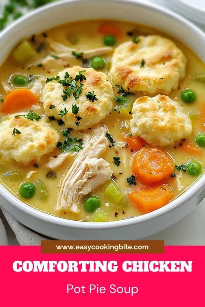 Warm up with this delicious Chicken Pot Pie Soup, a perfect addition to your cozy soup recipes collection! This easy chicken soup combines tender chicken, hearty veggies, and creamy goodness for an ultimate comfort food experience. Ready in just 45 minutes, it’s ideal for busy weeknights. Don’t forget to top it with flaky biscuits for extra flavor! Save this recipe for a warm, hearty meal your family will love! #ChickenPotPieSoup #ComfortFoodRecipes #CozySoup #EasyChickenSoup