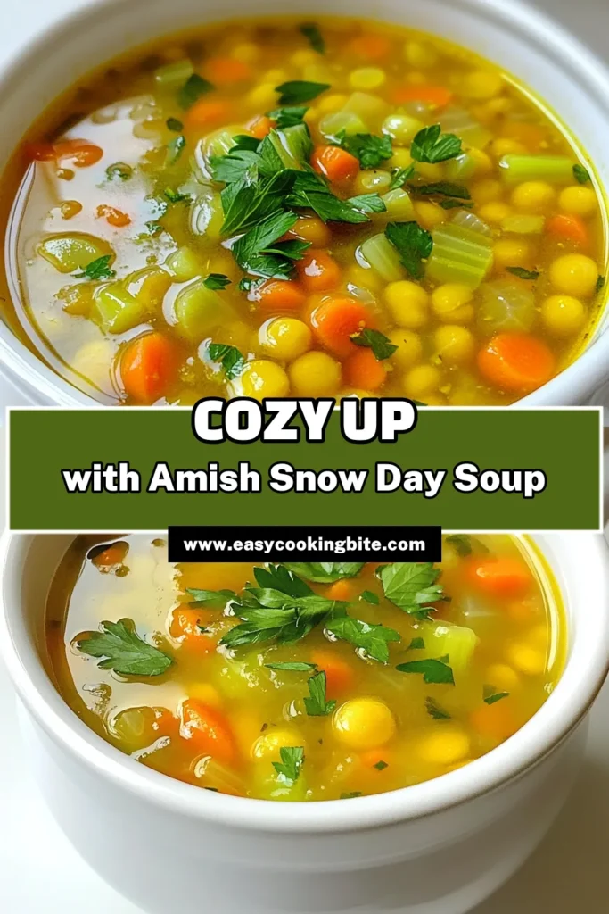 Warm up your winter with this delightful Amish Snow Day Soup! Bursting with flavor from yellow split peas, fresh veggies, and aromatic herbs, it's the perfect comfort food for chilly days. In just one hour, you can create a delicious meal that serves six. Click to discover the full recipe and enjoy a cozy bowl today! #AmishSnowDaySoup #ComfortFood #HealthyRecipes #SoupSeason