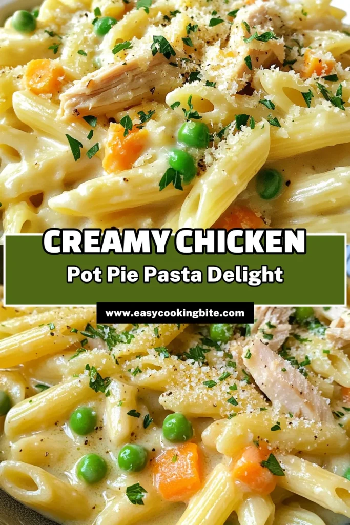Discover the ultimate comfort food with this delicious Chicken Pot Pie Pasta! This creamy chicken pasta recipe combines tender pasta with savory shredded chicken, veggies, and a rich sauce in just one pot. Perfect as an easy chicken dinner for busy weeknights, this dish will quickly become a family favorite. Try it today and savor the flavors! Save this recipe and enjoy effortless cooking. #ChickenPotPiePasta #EasyDinner #OnePotRecipes #ComfortFood
