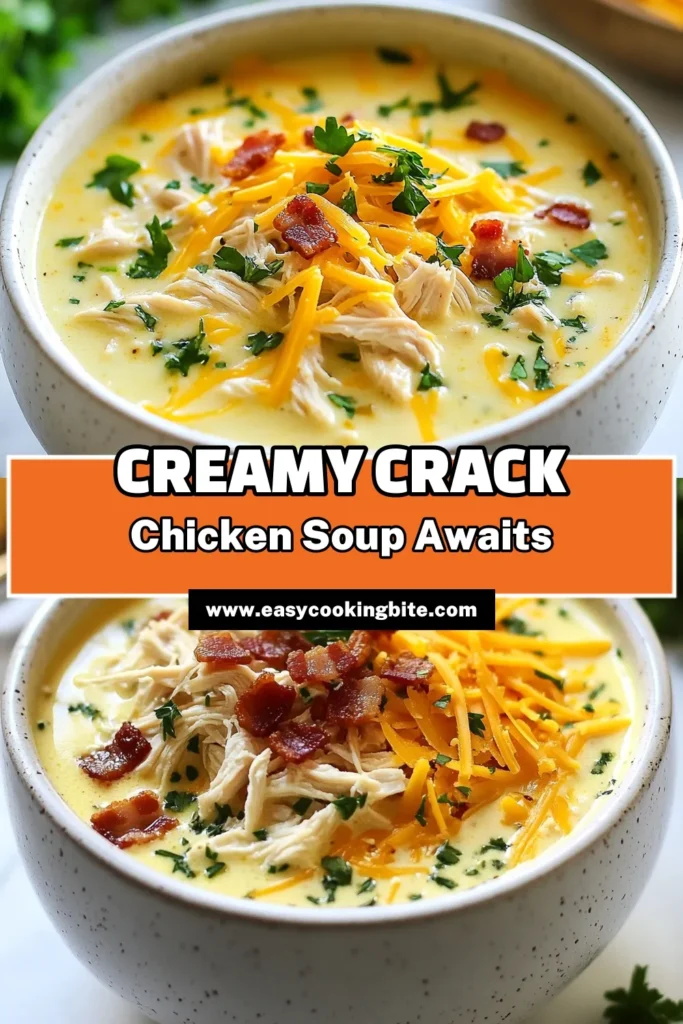 Indulge in this delicious low carb chicken soup that's perfect for any keto diet! Our creamy chicken soup recipe features shredded rotisserie chicken, cream cheese, and cheddar for a rich flavor. It's an easy chicken soup recipe that's ready in just 30 minutes. Ideal for chilly days, this keto crack chicken soup will warm you up! Save this recipe and try it today! #LowCarbChickenSoup #KetoCrackChicken #EasyChickenSoupRecipe #CreamyChickenSoupRecipe