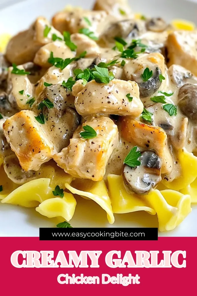 Indulge in this Creamy Garlic Chicken Stroganoff for a delicious, easy chicken pasta recipe that's perfect for busy weeknights. This Chicken Stroganoff recipe combines tender chicken, savory mushrooms, and a rich creamy sauce over egg noodles, making it a satisfying creamy chicken dinner. Ready in just 30 minutes, it's a quick Chicken Stroganoff that you'll love! Save this recipe for your next family meal. #ChickenStroganoff #EasyDinner #PastaRecipes #ComfortFood