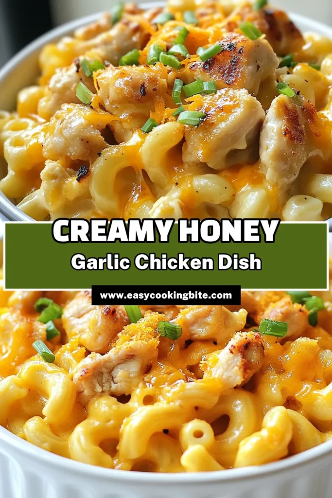 Indulge in a delicious Honey Garlic Chicken Mac and Cheese Recipe that's packed with protein! This creamy chicken pasta combines tender chicken, sharp cheddar cheese macaroni, and a mouthwatering honey garlic sauce for a quick dinner recipe everyone will love. Perfect for busy nights, this recipe is a family favorite! Save this recipe now for a meal that's both easy and satisfying. #HoneyGarlicChicken #MacAndCheeseRecipe #CreamyChickenPasta #QuickDinnerRecipe