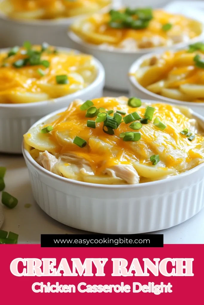 Discover the ultimate comfort food with this Creamy Ranch Chicken Casserole! This Potato Chicken Bake is perfect for an easy casserole dinner that your family will love. Packed with shredded chicken, creamy ranch dressing, and melty cheddar cheese, this Cheesy Ranch Chicken Recipe is a must-try. Get ready to enjoy a delightful meal that's both simple and satisfying! Save and try it today! #CasseroleRecipes #ChickenDinner #ComfortFood #EasyRecipes