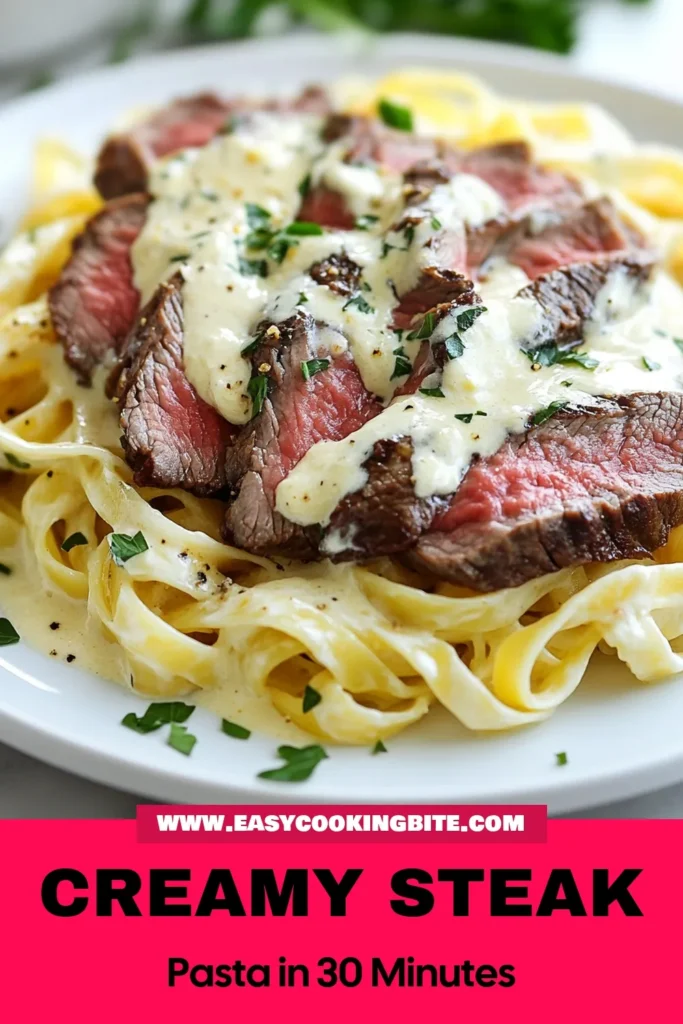 Indulge in this delicious steak creamy pasta recipe featuring tender flank steak and a rich heavy cream pasta sauce. This easy flank steak pasta combines fettuccine and savory flavors for a perfect Italian steak fettuccine dish. Quick to prepare, it’s ideal for weeknight dinners! Enjoy every bite of this flavorful fettuccine steak dish. Click for the full recipe and save it for your next family meal! #SteakPasta #CreamyPasta #ItalianRecipes #PastaLovers
