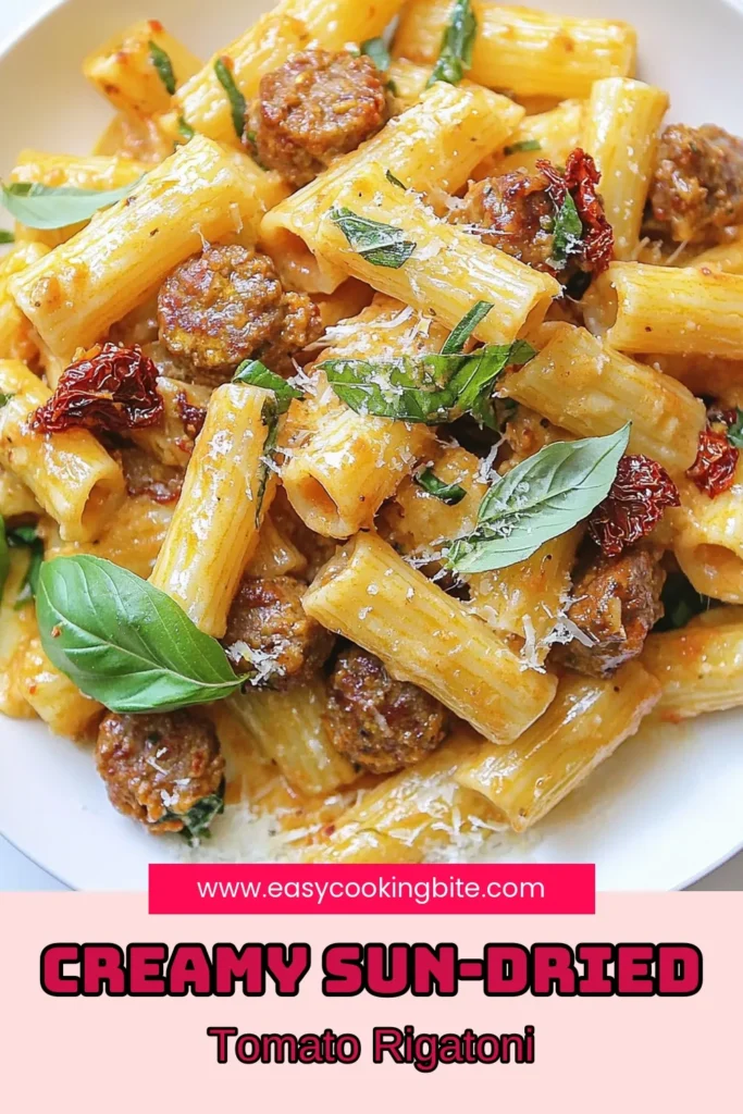 Indulge in this delicious sun-dried tomato rigatoni recipe featuring Italian sausage that will elevate your pasta nights! This creamy rigatoni with sun-dried tomatoes blends rich flavors for an easy pasta recipe with sausage you'll love. Ready in just 30 minutes, it’s perfect for busy weeknights. Dive into this hearty rigatoni pasta in creamy sauce and impress your family tonight! Save this and try it out! #PastaRecipes #EasyDinnerIdeas #ItalianFood #ComfortFood