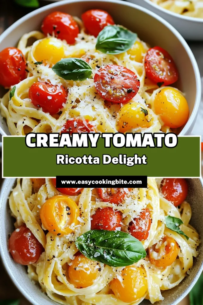 Indulge in this creamy tomato ricotta pasta that's perfect for any night! This easy creamy pasta dish features fresh cherry tomatoes and creamy ricotta, making it a delicious vegetarian option. Try this ricotta pasta recipe for a rich and flavorful meal that’s quick to prepare. Impress your guests or treat yourself! Save this creamy tomato pasta recipe for a delightful dinner! #CreamyTomatoPasta #RicottaPastaRecipe #EasyCreamyPasta #VegetarianPastaRecipes