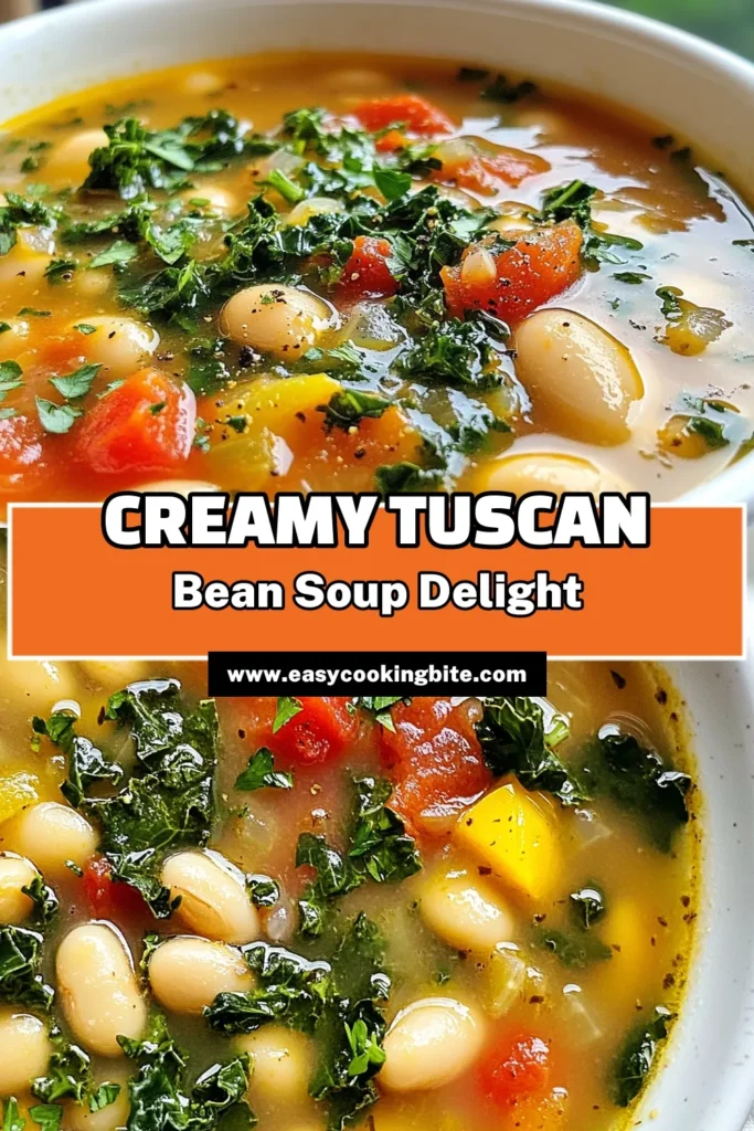 Warm up with this delicious Tuscan white bean soup recipe! Packed with healthy ingredients like kale and carrots, this homemade white bean soup is both nutritious and satisfying. Perfect for a quick dinner, this vegetable bean soup can be ready in about 40 minutes. Enjoy this comforting dish full of flavor and goodness. Try it today and savor each spoonful! Don’t forget to save this quick Tuscan soup recipe for later! #TuscanWhiteBeanSoup #HealthyBeanSoup #VegetableBeanSoup #QuickSoup