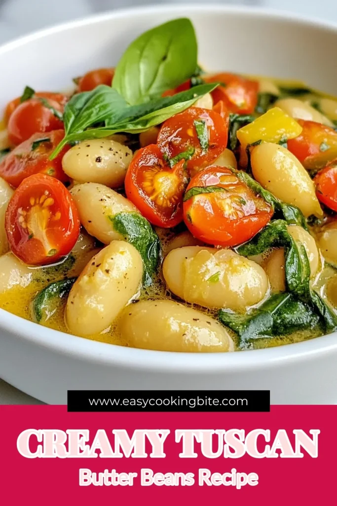 Savor the flavors of Italy with this Creamy Tuscan Butter Beans recipe! This delightful Italian butter beans dish combines tender butter beans with garlic, fresh spinach, and a rich cream sauce for a hearty Tuscan bean stew that's perfect for any meal. Enjoy this creamy vegetarian recipe that’s quick to make and sure to impress. Click to discover this delicious recipe and save for later! #CreamyTuscanButterBeans #ButterBeansRecipe #TuscanBeanStew #VegetarianRecipes