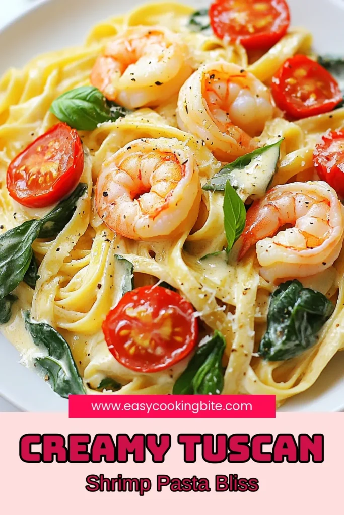 Indulge in this irresistible creamy Tuscan shrimp pasta that’s easy to whip up for dinner! This shrimp pasta recipe features succulent shrimp, fresh spinach, and juicy cherry tomatoes in a rich, creamy fettuccine sauce. Perfect for a cozy night in, this Italian shrimp linguine recipe will impress your guests. Ready in just 30 minutes, it's the ultimate easy Tuscan pasta dish. Save this recipe for your next meal! #CreamyTuscanShrimpPasta #ShrimpPastaRecipe #EasyTuscanPasta #ItalianShrimpLinguine