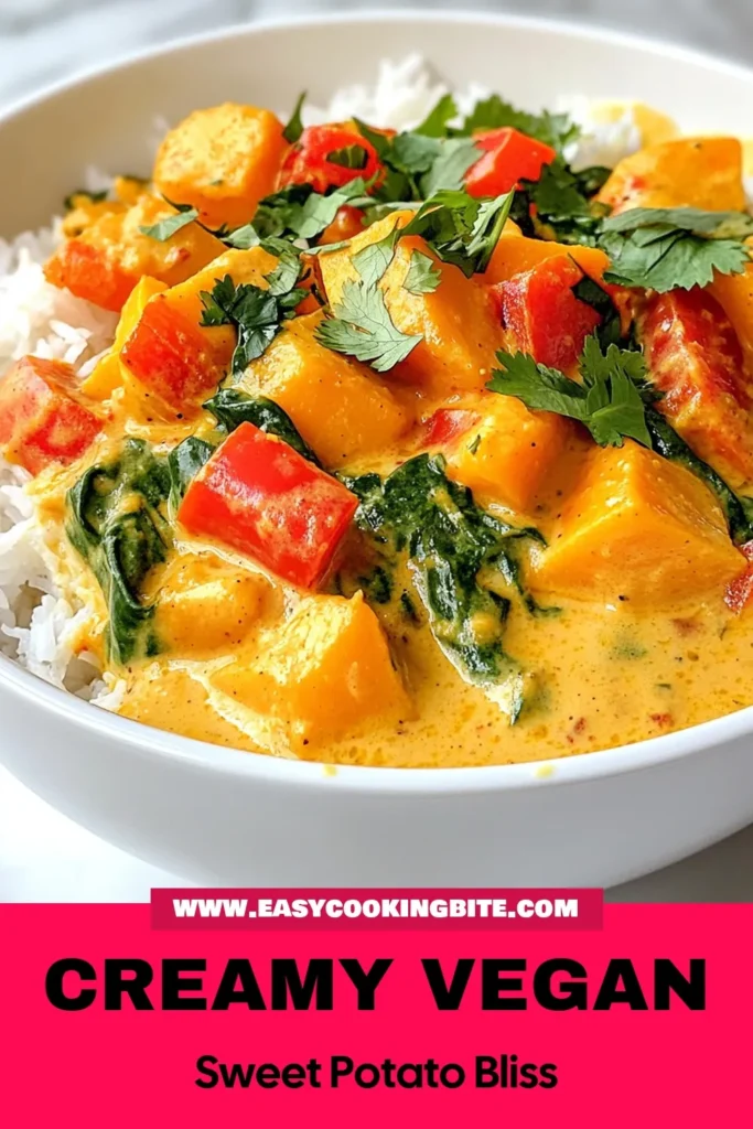 Discover the flavors of this vegan sweet potato curry, a creamy vegan curry recipe perfect for a quick meal. This coconut milk curry combines the richness of sweet potatoes, spices, and fresh spinach, making it a delightful plant-based curry dish. In just 35 minutes, you'll have an easy sweet potato recipe that’s both filling and nutritious. Try it today and elevate your dinner! Save this recipe for later. #VeganCurry #SweetPotatoRecipes #PlantBased #CoconutMilkCurry