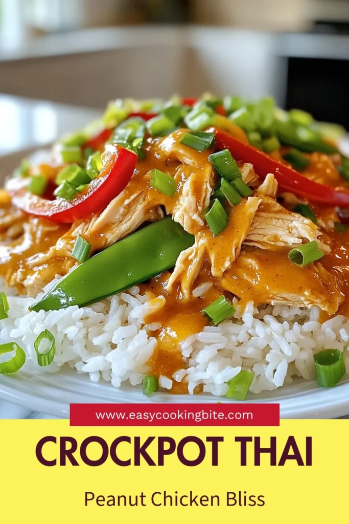 Looking for an easy Thai recipe packed with flavor? Try this Thai Peanut Crockpot Chicken! This crockpot chicken recipe features tender chicken thighs drenched in a creamy peanut butter sauce, infused with soy sauce, honey, and spices. Perfect for busy days, just set your slow cooker, and enjoy a hearty meal later. Serve it over jasmine rice for a delicious family dinner! Save this peanut butter chicken recipe for your next meal! #ThaiPeanutChicken #CrockpotChickenRecipe #EasyThaiRecipes #SlowCookerChickenThighs