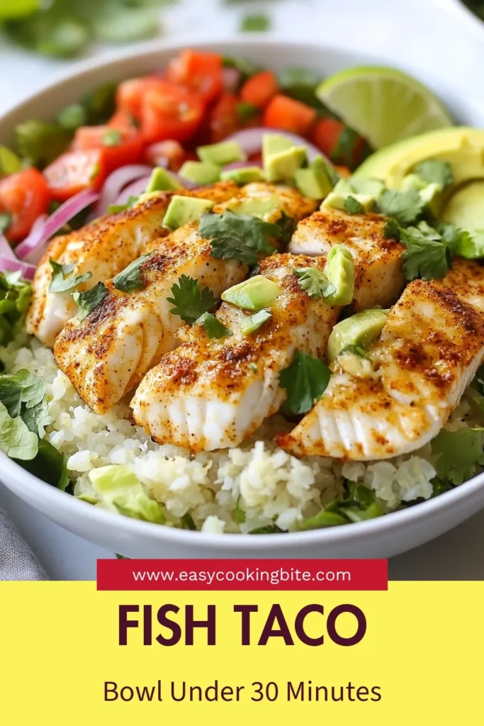 Discover the delicious world of low carb fish tacos with this healthy fish taco bowl! Packed with flavors from baked fish, fresh veggies, and cauliflower rice, this keto taco bowl is perfect for a nutritious meal. It's a simple take on cauliflower rice recipes that your family will love. Make mealtime exciting and nutritious—try this easy recipe today! Save for later! #LowCarbFishTacos #HealthyFishTacoBowl #KetoTacoBowl #BakedFishRecipes