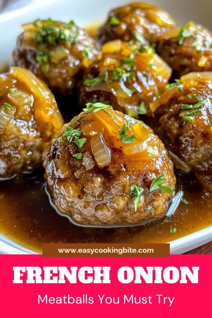 Indulge in these savory French Onion meatballs, a must-try ground beef meatballs recipe that combines the rich flavor of caramelized onion meatballs with a delicious sauce. These baked meatballs with beef broth are perfect for an easy meatball dinner recipe that your family will love. Ready in just 45 minutes, you'll want to save this recipe! Discover how to make these mouthwatering meatballs today. #FrenchOnionMeatballs #MeatballRecipe #DinnerIdeas #EasyRecipes