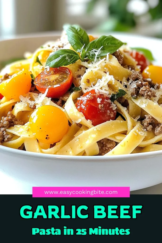 Discover this delicious garlic beef pasta recipe that will become a weeknight favorite! This easy beef pasta recipe features fettuccine with ground beef, infused with aromatic garlic and fresh cherry tomatoes. Perfect for a cozy dinner, this Italian garlic pasta recipe is simple yet satisfying. Ready in just 25 minutes, it's a must-try! Click to get the full details and save for later! #GarlicBeefPasta #EasyBeefPasta #ItalianCooking #PastaRecipes