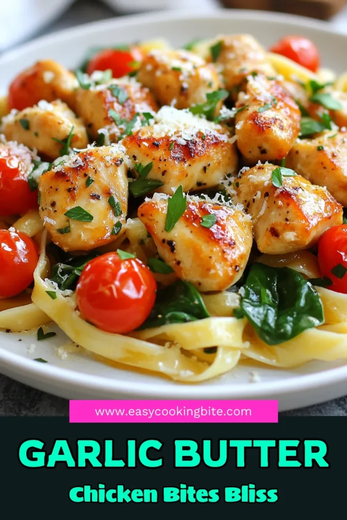 Indulge in this flavorful Garlic Butter Chicken Bites with Pasta, a perfect easy chicken bites recipe for any night. Featuring creamy garlic spaghetti tossed with juicy chicken, cherry tomatoes, and fresh spinach, it’s the ultimate quick chicken dinner. Enjoy this Italian garlic chicken recipe that’s ready in just 30 minutes! Click for the delicious recipe and elevate your dinner game tonight! #GarlicButterChickenPasta #EasyChickenBites #CreamyGarlicSpaghetti #QuickChickenDinner