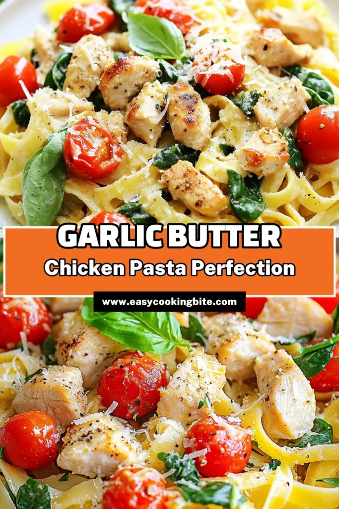 Indulge in a deliciously simple dinner with this Garlic Butter Chicken Pasta. This easy chicken pasta recipe combines tender chicken, creamy garlic pasta, and vibrant cherry tomatoes with spinach for a flavor-packed meal in just 30 minutes. Perfect for busy nights, this fettuccine with tomatoes and spinach is a must-try! Save this quick dinner recipe for your next family meal and enjoy! #GarlicButterChickenPasta #EasyChickenPastaRecipes #CreamyGarlicPasta #QuickDinnerRecipes