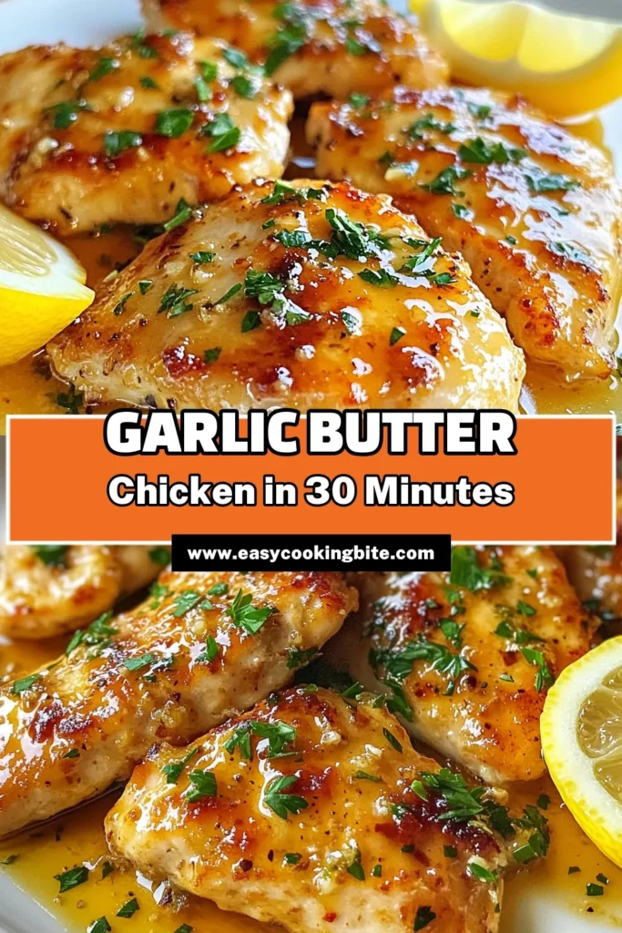 Savor this delicious garlic butter chicken recipe that's perfect for a quick dinner! This easy chicken dinner features tender chicken breasts cooked in a rich garlic butter sauce with a zesty lemon twist. Ready in just 30 minutes, it’s an ideal choice for busy nights. Try this lemon garlic chicken tonight and enjoy a mouthwatering meal! Don't forget to save for later! #GarlicButterChicken #EasyDinner #QuickRecipes #ChickenDinner